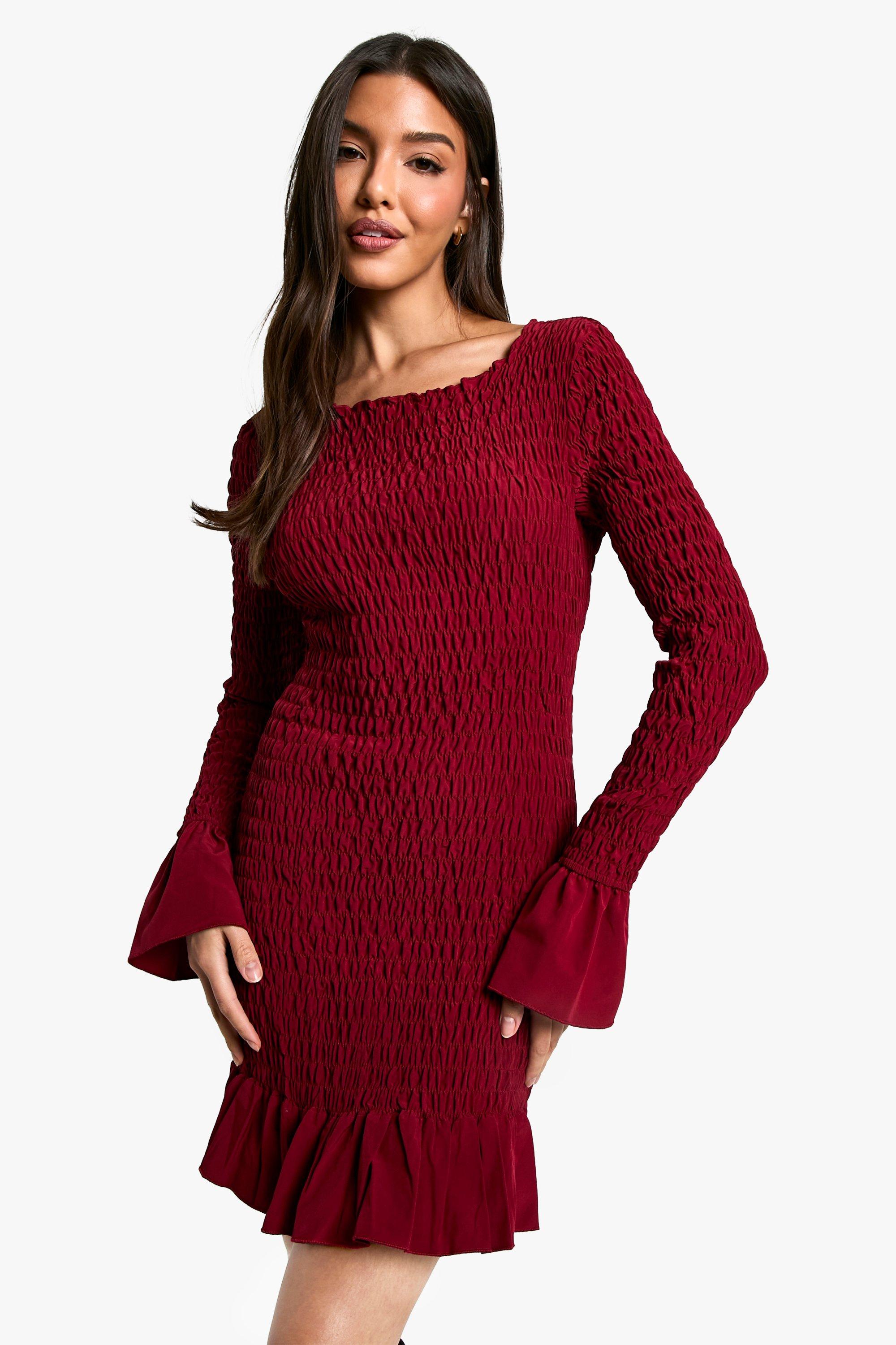 Boohoo Geplooide Mini Jurk Met Lange Mouwen, Burgundy
