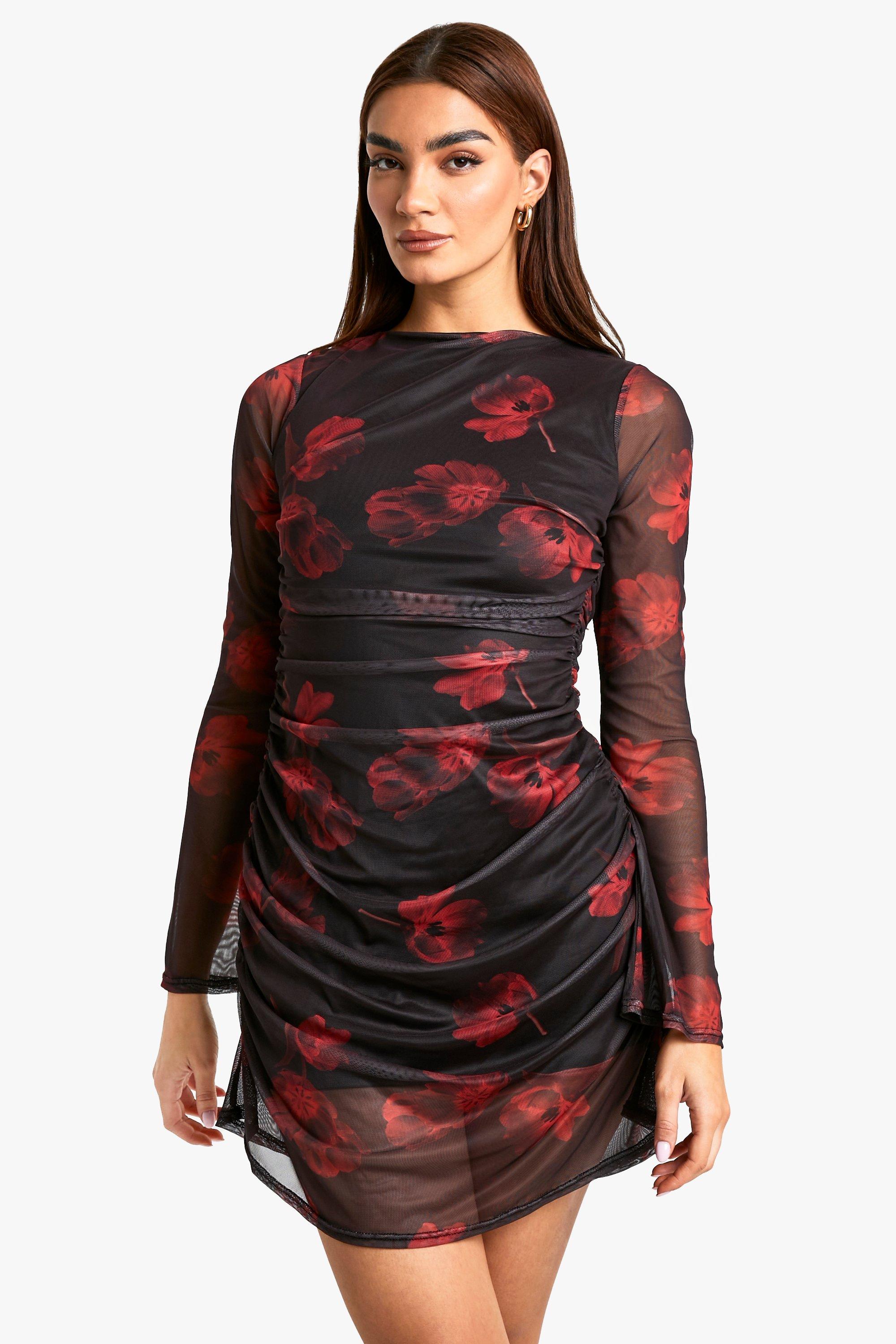 Boohoo Geplooide Mesh Bloemen Mini Jurk, Chocolate