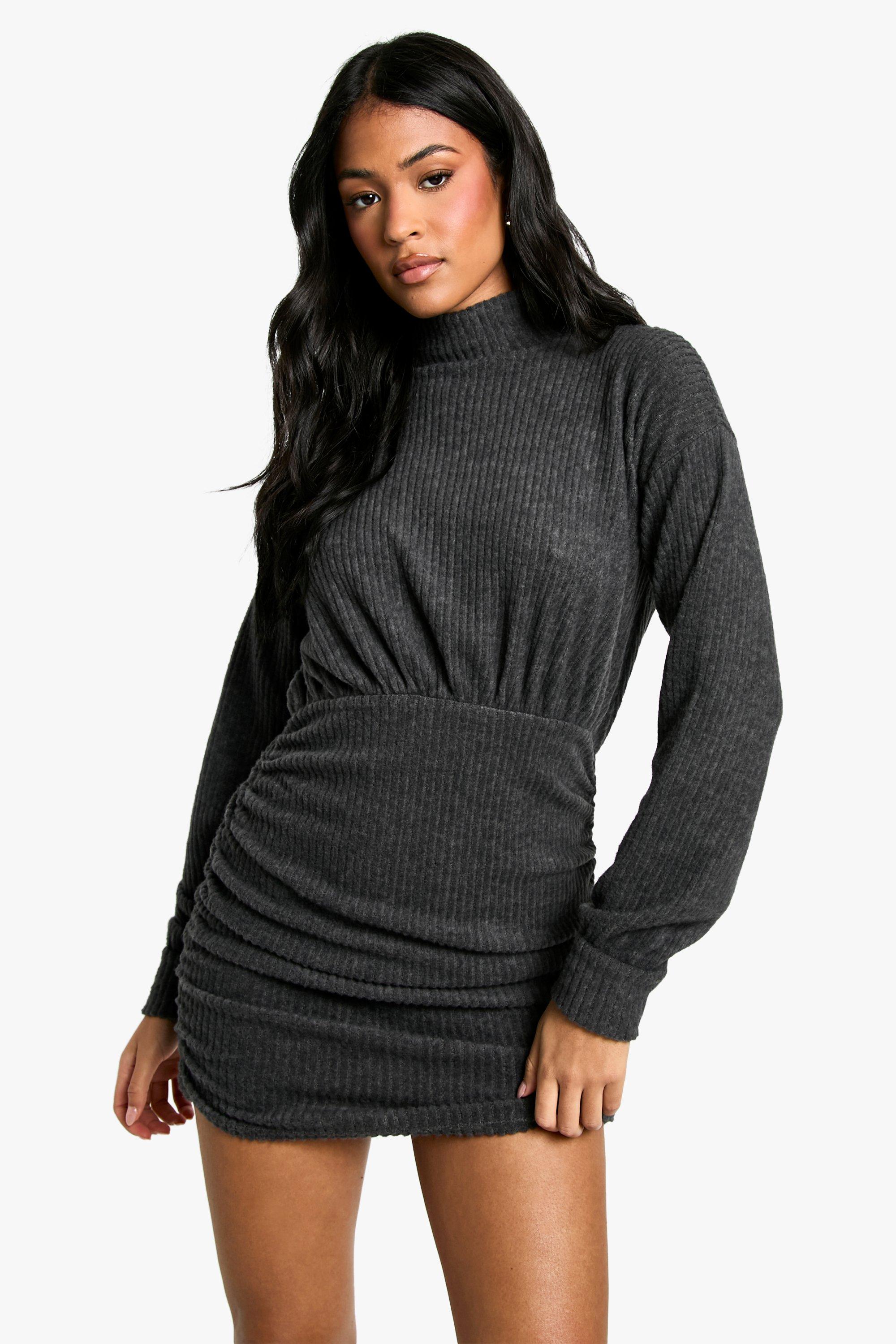 Boohoo Tall Zachte Geribbelde Geplooide Mini Jurk Met Hoge Hals, Charcoal