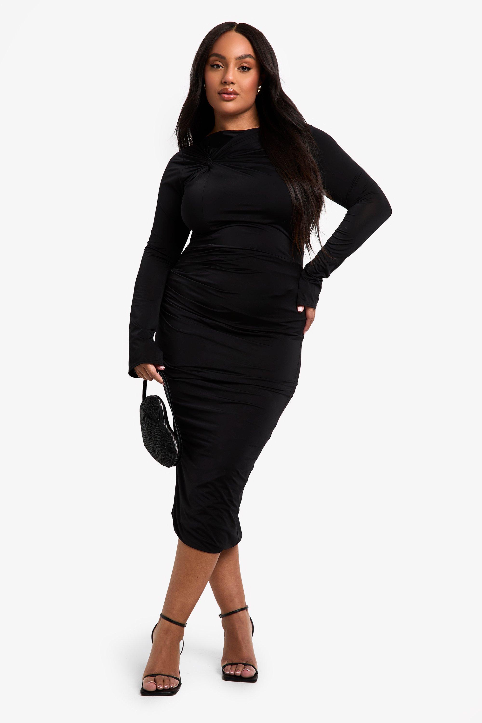Boohoo Plus Dubbele Strakke Geknoopte Geplooide Midaxi Jurk, Black