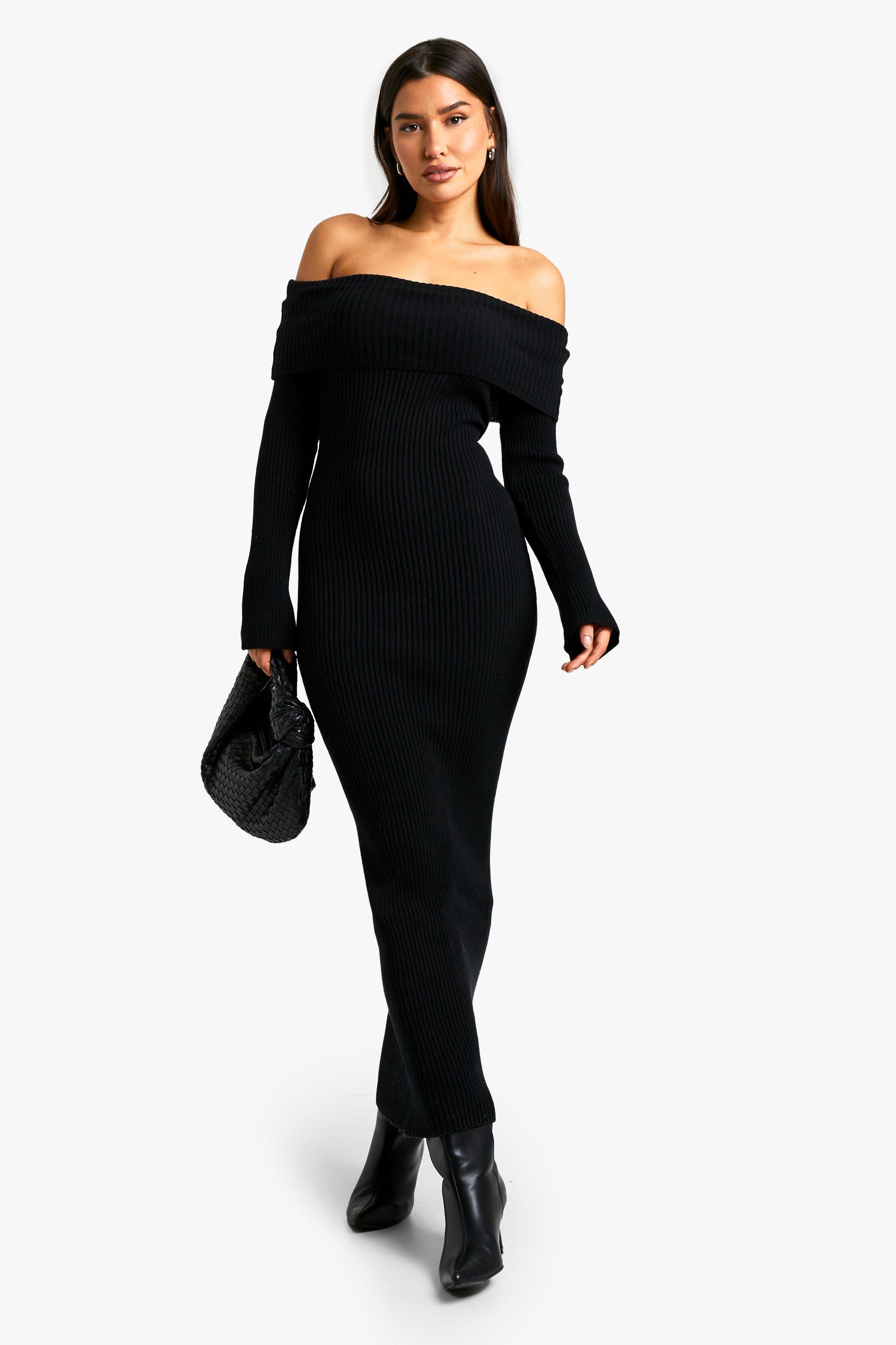 Boohoo Tall Geribbelde Gebreide Maxi Jurk Met Uitgesneden Hals, Black