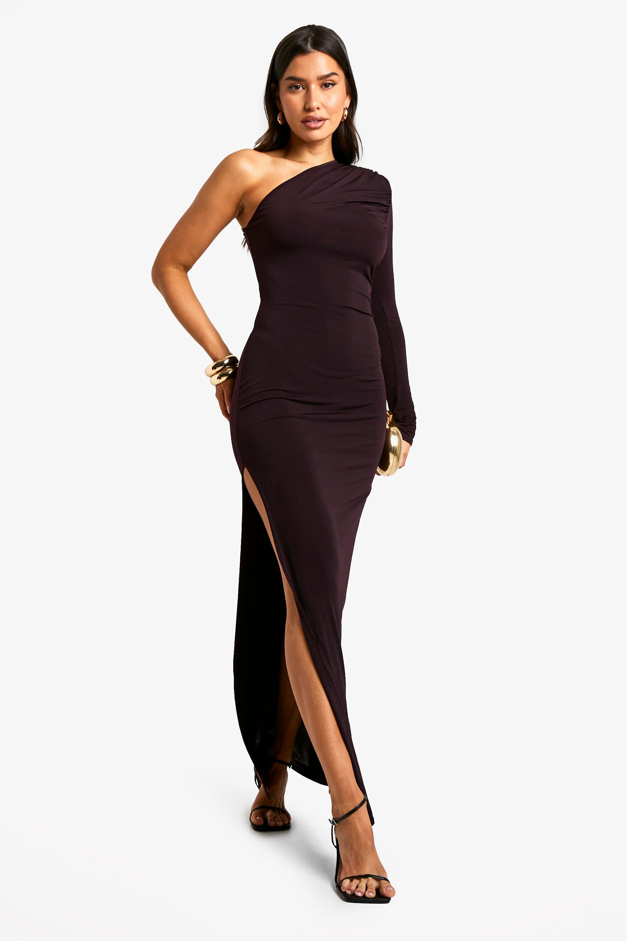 Boohoo Tall Geplooide Maxi Jurk Met Eén Mouw En Hoge Split, Plum