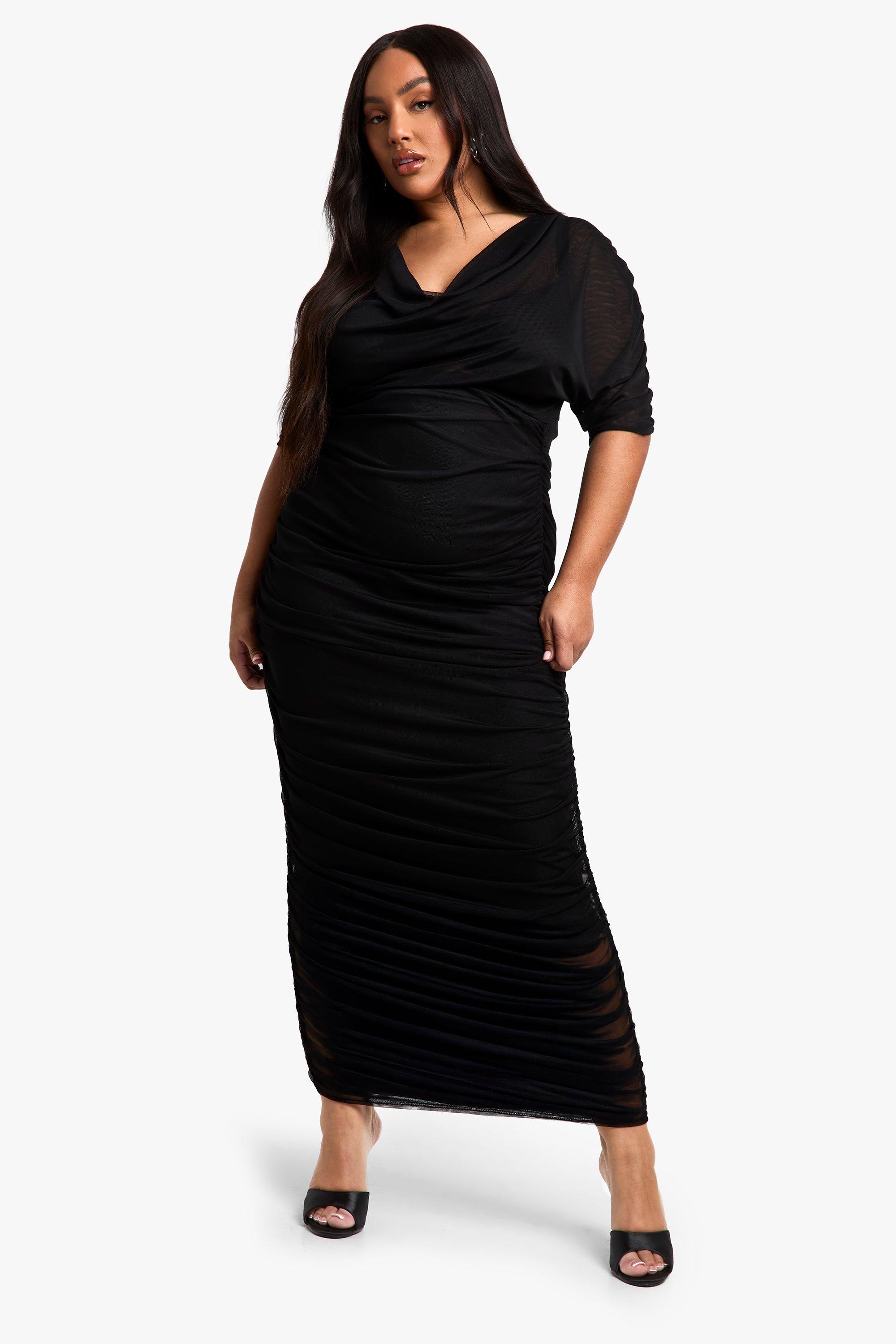 Boohoo Plus Geplooide Midaxi Jurk Met Waterval Hals, Black