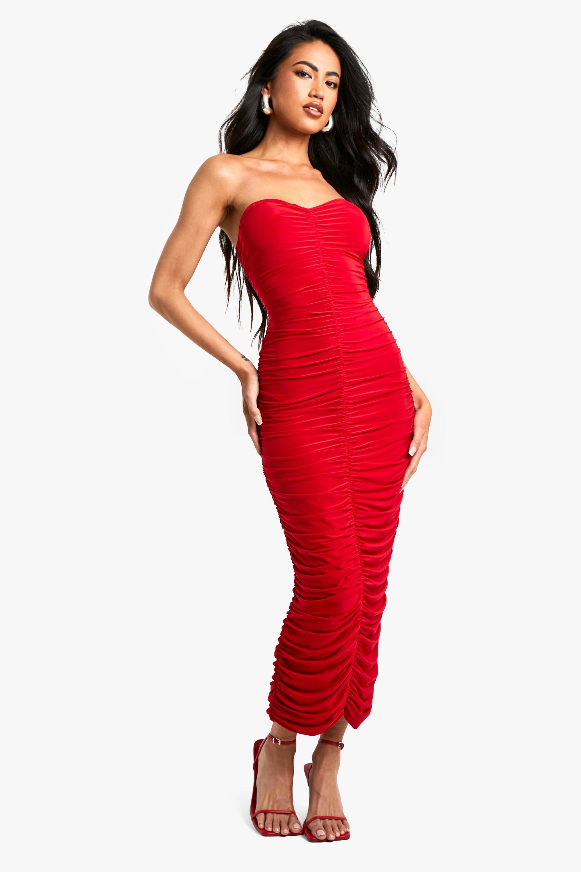 Boohoo Strakke Geplooide Strapless Midaxi Jurk, Red