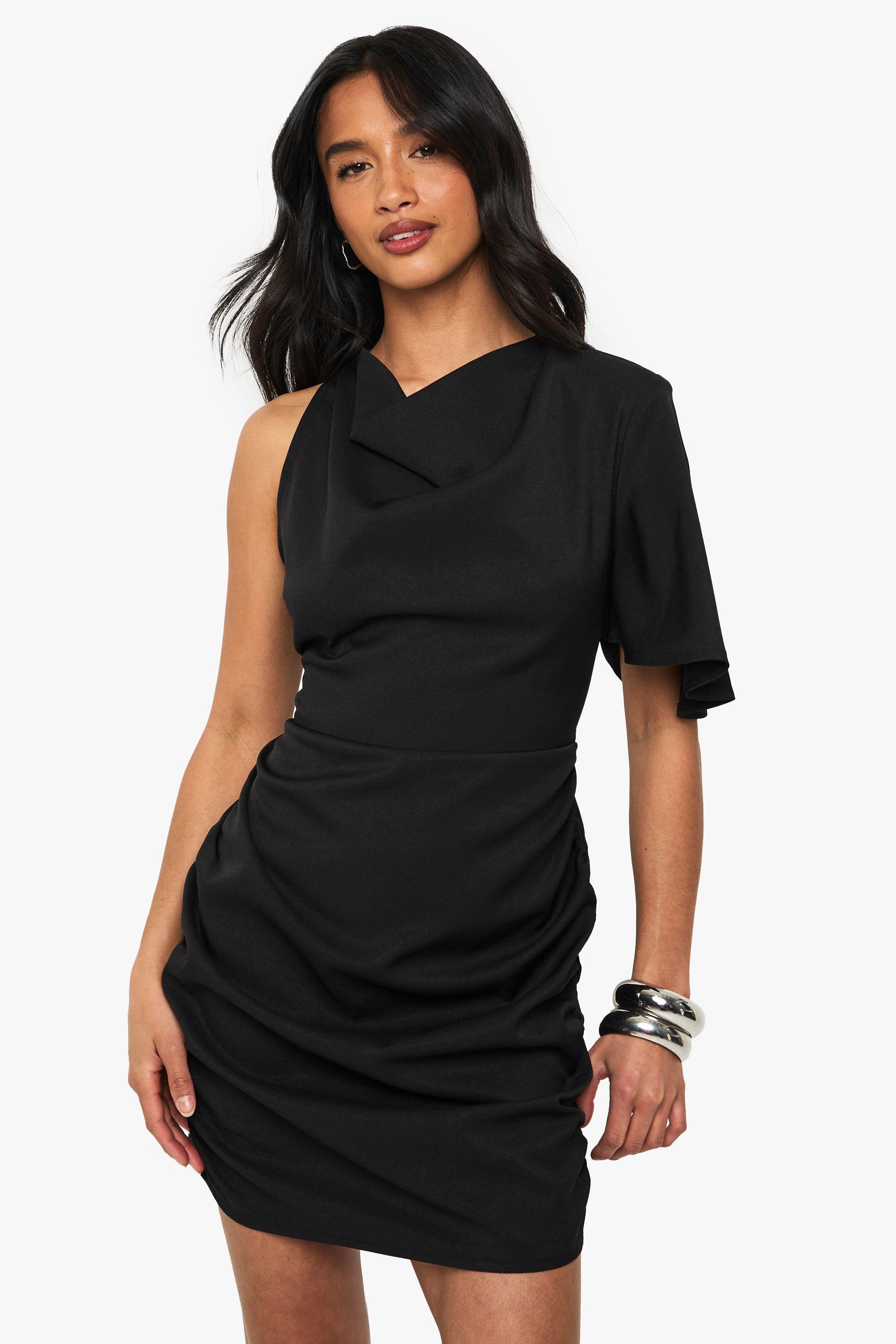 Boohoo Petite Gedrapeerde Asymmetrische Mini Jurk, Black