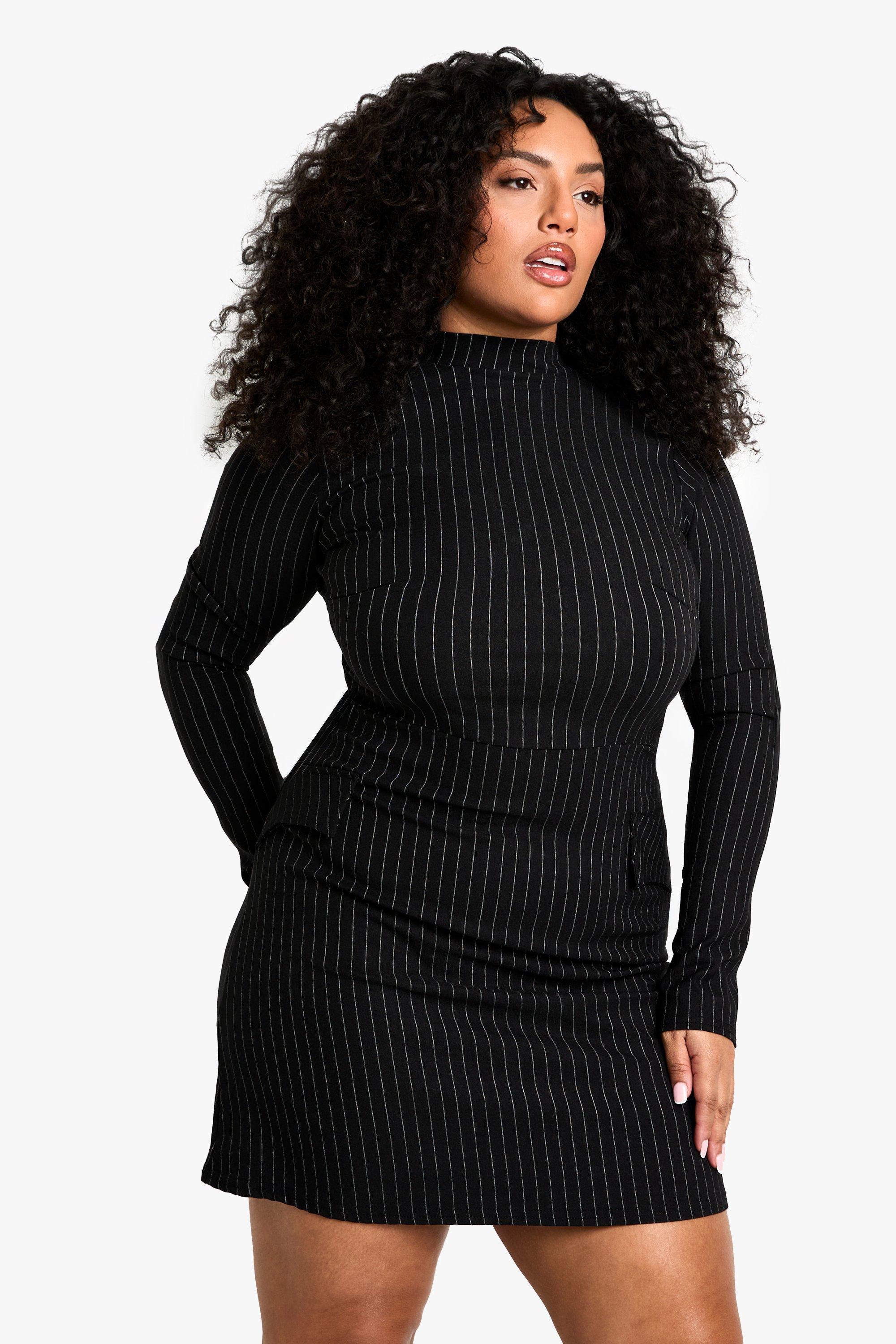 Boohoo Plus Getailleerde Mini Jurk Met Krijtstrepen, Black