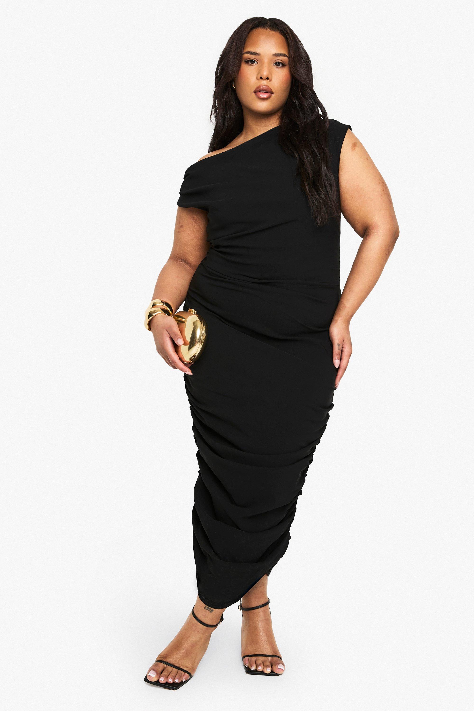 Boohoo Plus Asymmetrische Bengaline Midaxi Jurk, Black