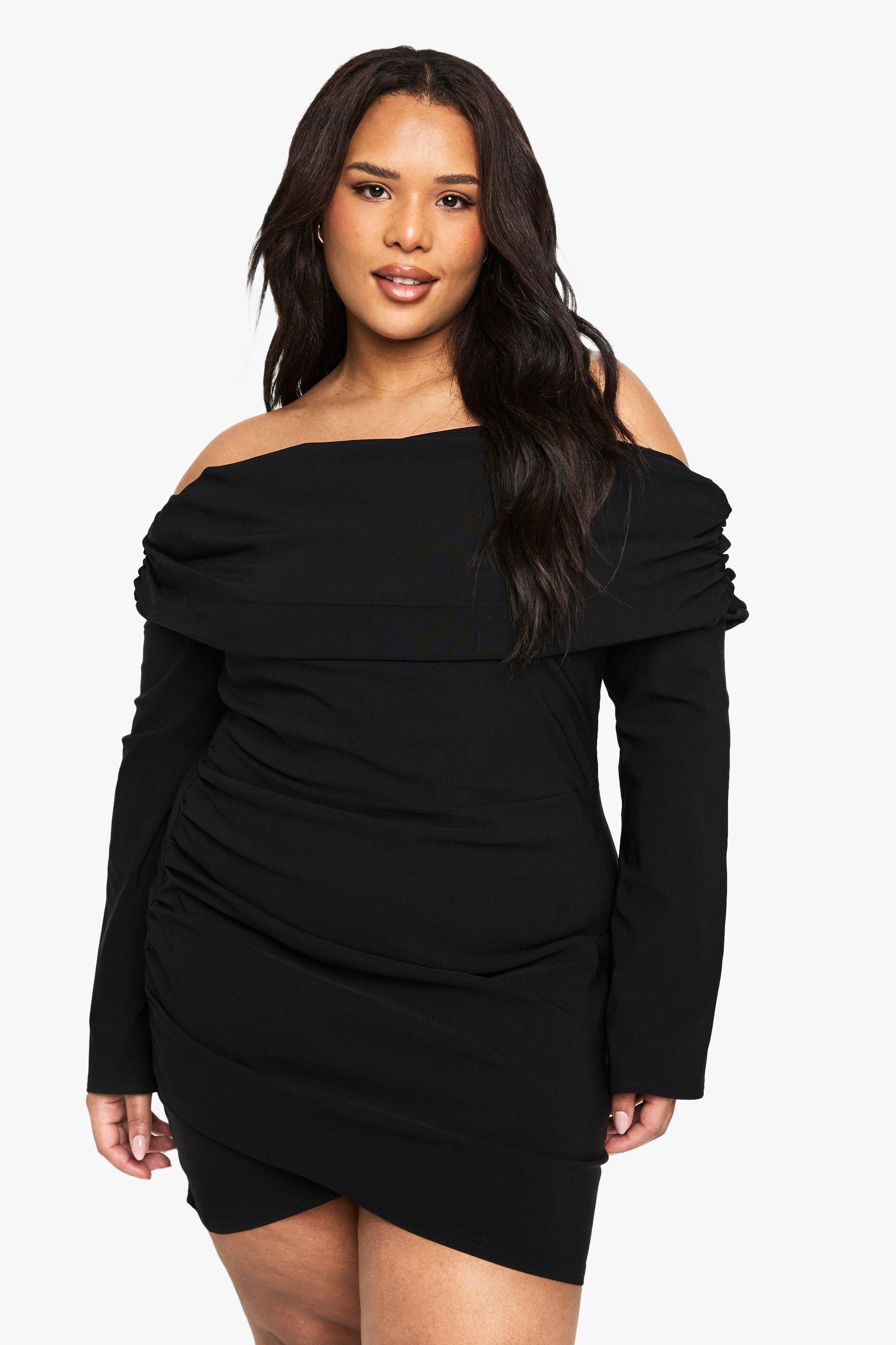 Boohoo Plus Bengaline Mini Jurk Met Lange Mouwen En Uitgesneden Hals, Black