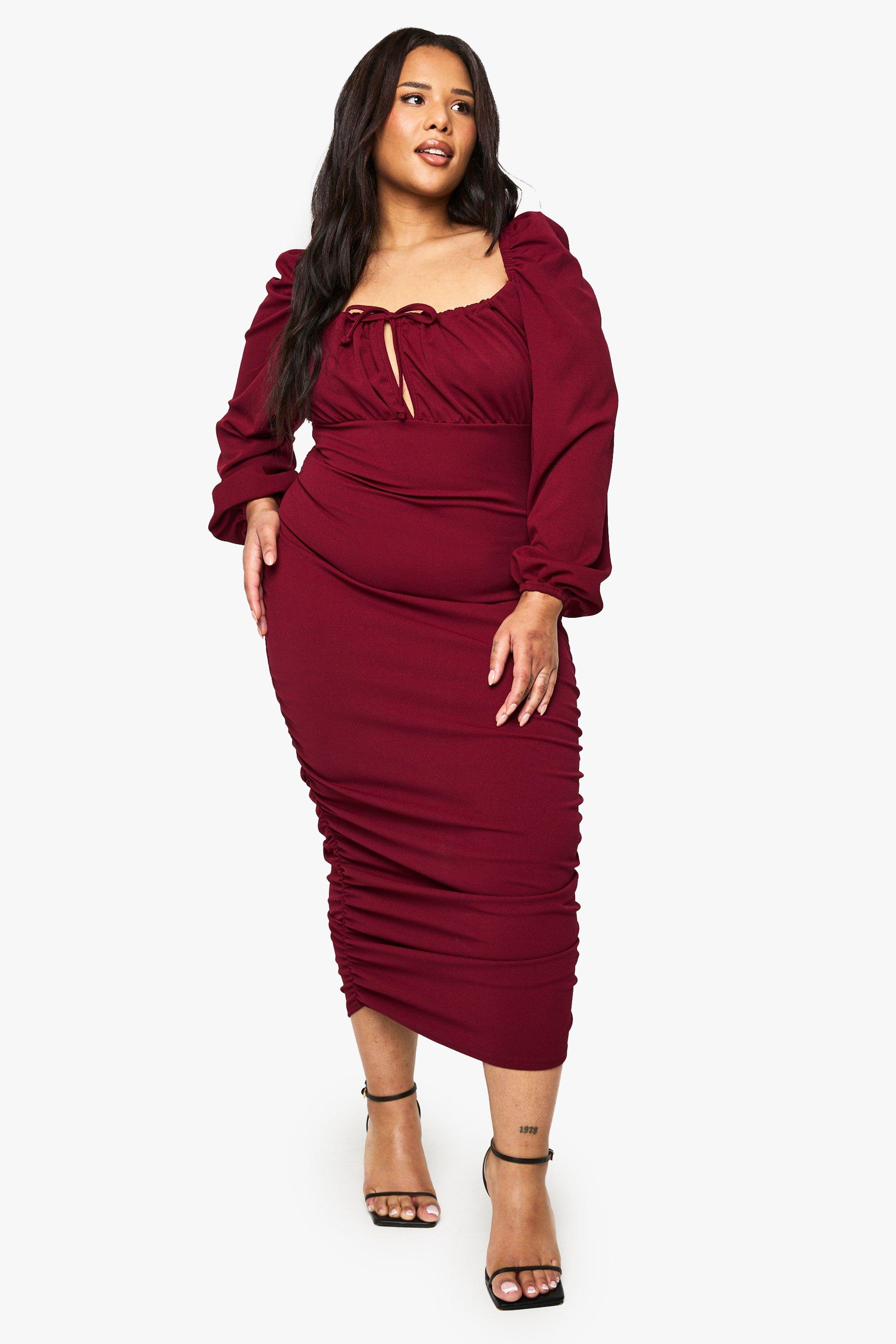 Boohoo Plus Geplooide Midi Jurk Met Shirtmouwen, Berry