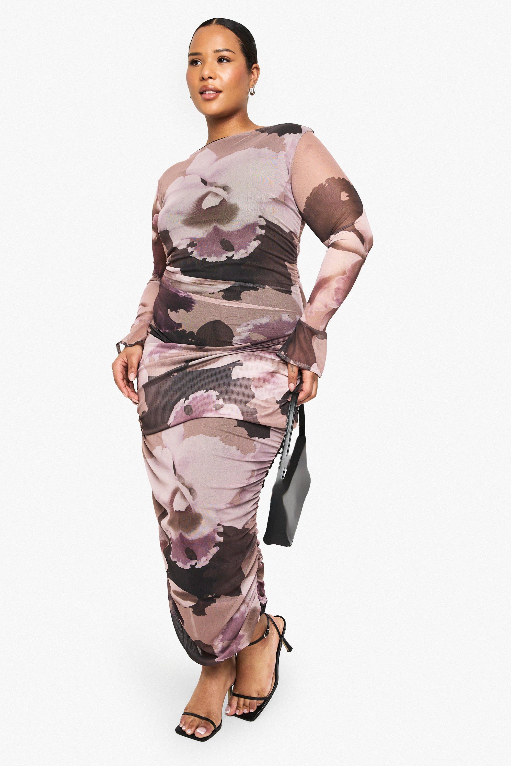 Boohoo Plus Mesh Midaxi Jurk Met Abstracte Print En Wijde Mouwen, Mauve