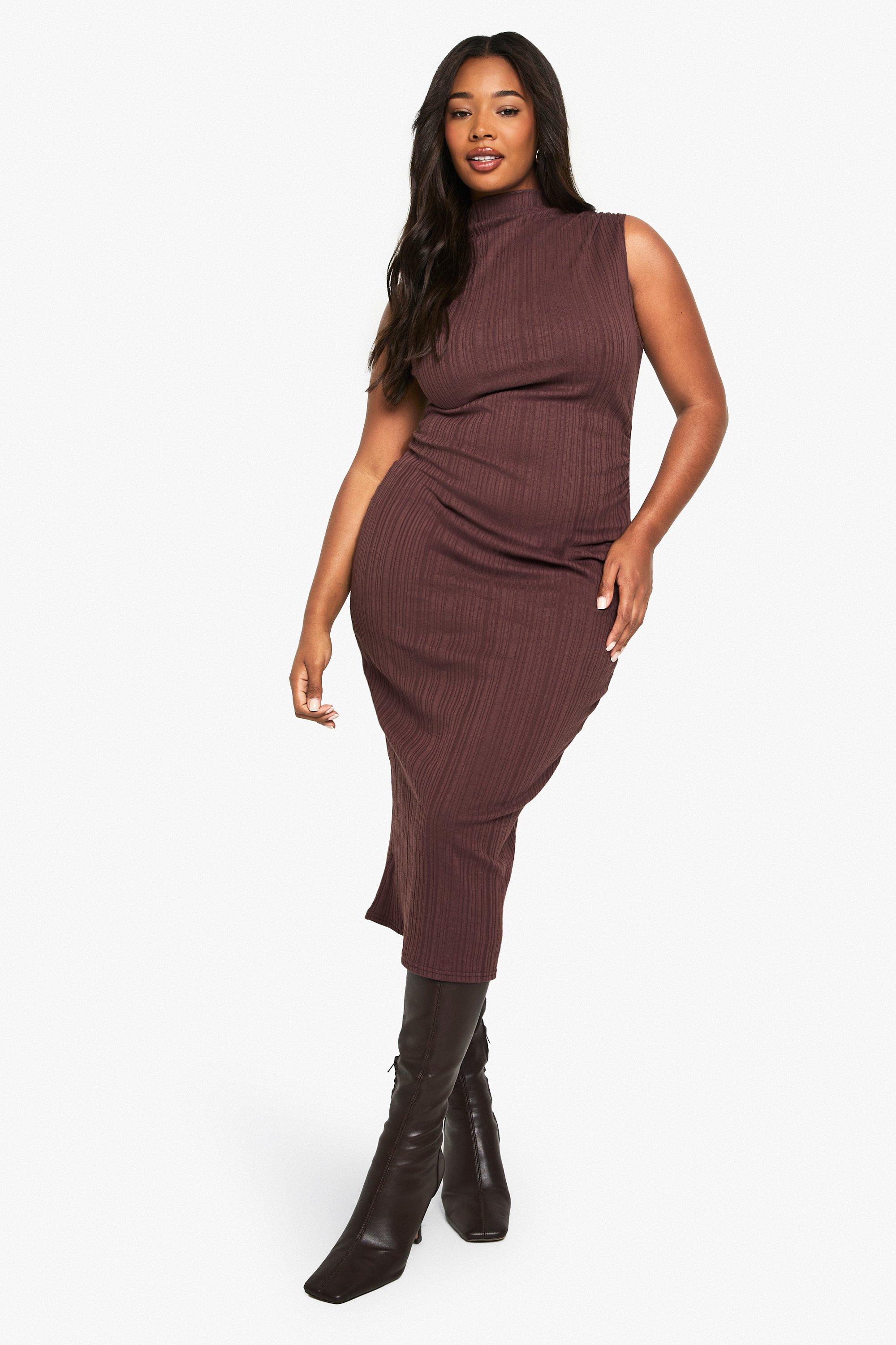 Boohoo Plus Mouwloze Midi Jurk Met Hoge Hals, Chocolate