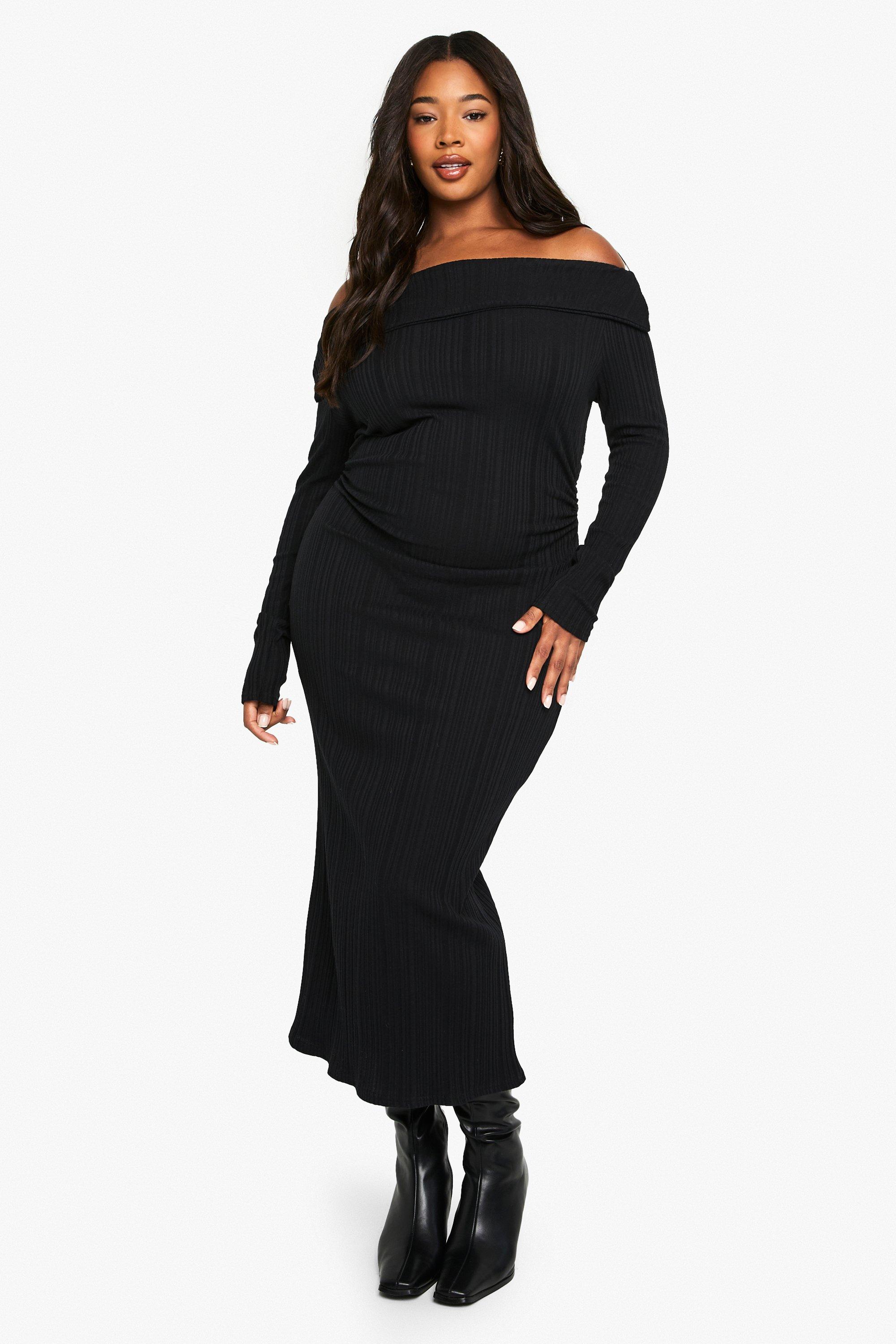 Boohoo Plus Maxi Jurk Met Lange Mouwen En Uitgesneden Hals, Black