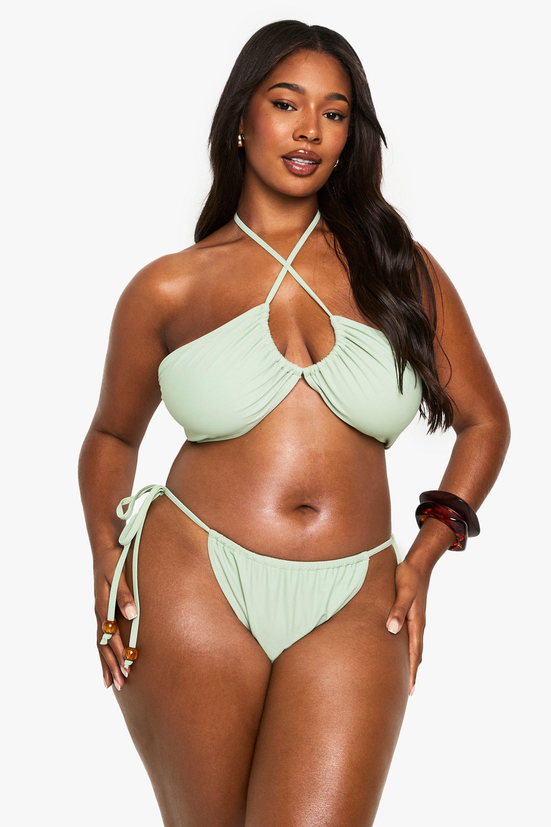Boohoo Plus Bandeau Bikini Met Kraaltjes, Khaki