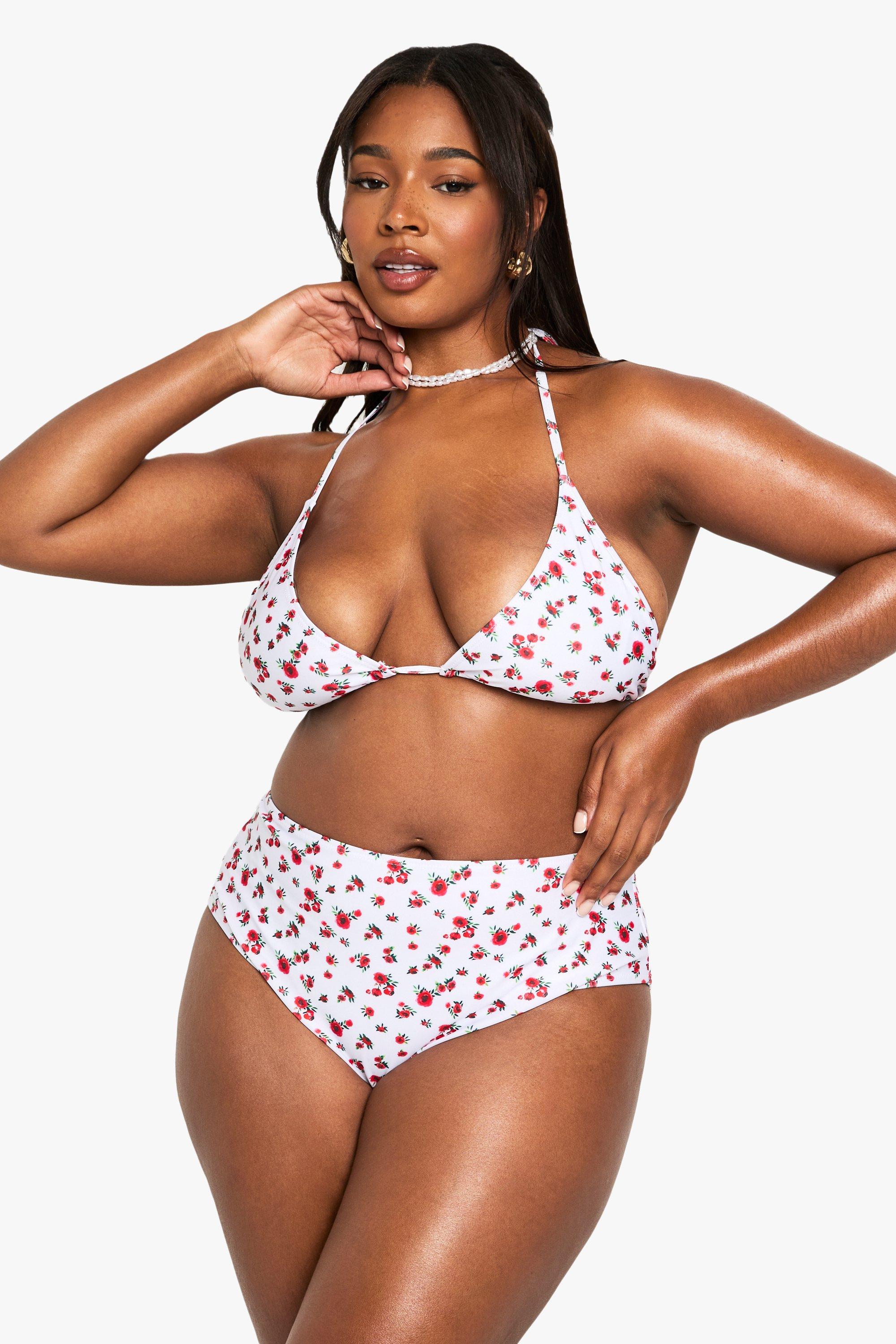 Boohoo Plus Driehoekige Bloemenprint Bikini Set, Red