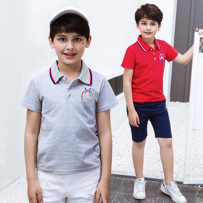 Voyex Europese zomer-T-shirts met korte mouwen en revers van puur katoen voor jongens, voor kinderen en tieners, met open borstontwerp 120 cm