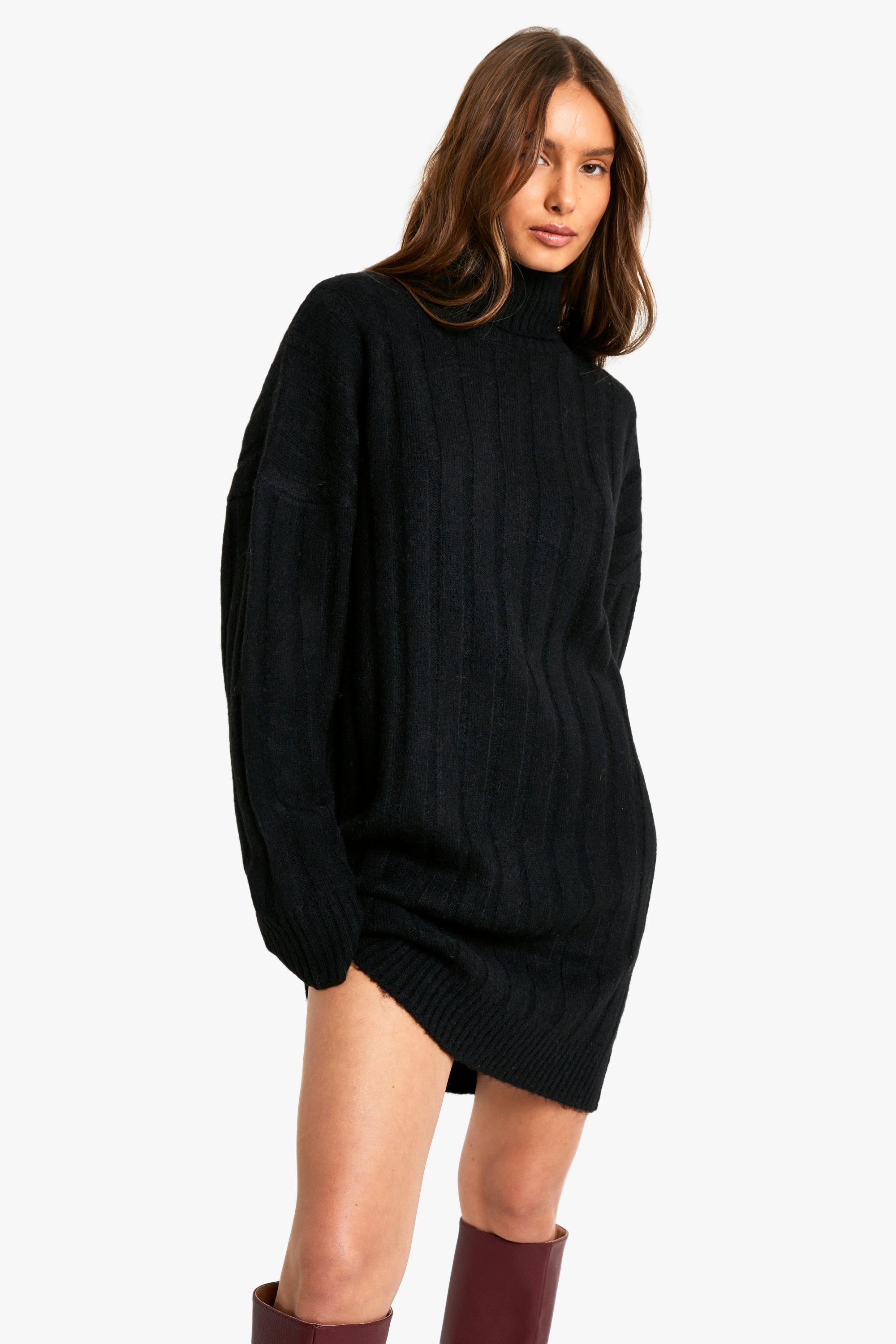 Boohoo Wijde Zachte Geribbelde Trui Jurk Met Col, Black