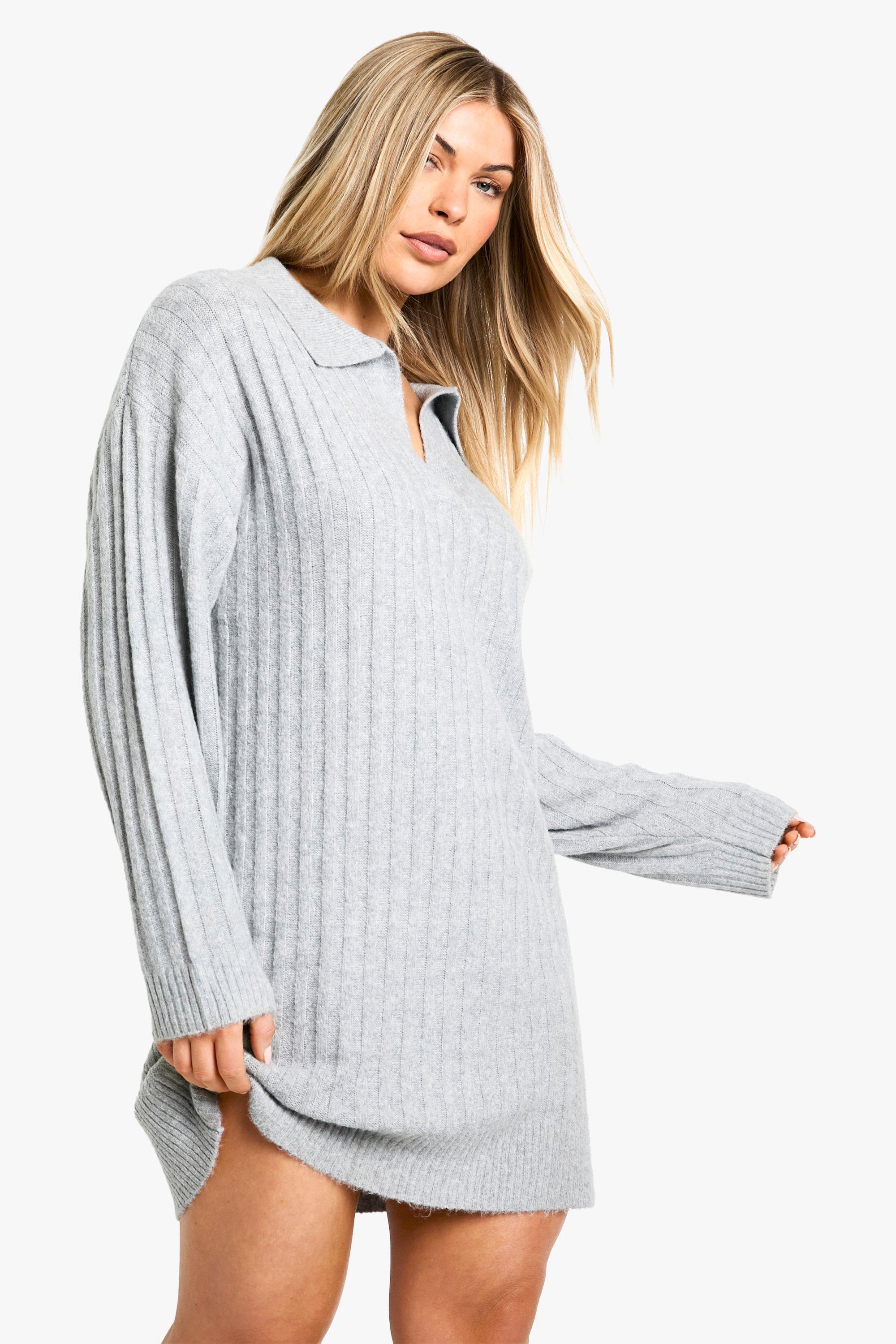 Boohoo Gezellige Gebreide Jurk Met Kraag Detail, Grey Marl
