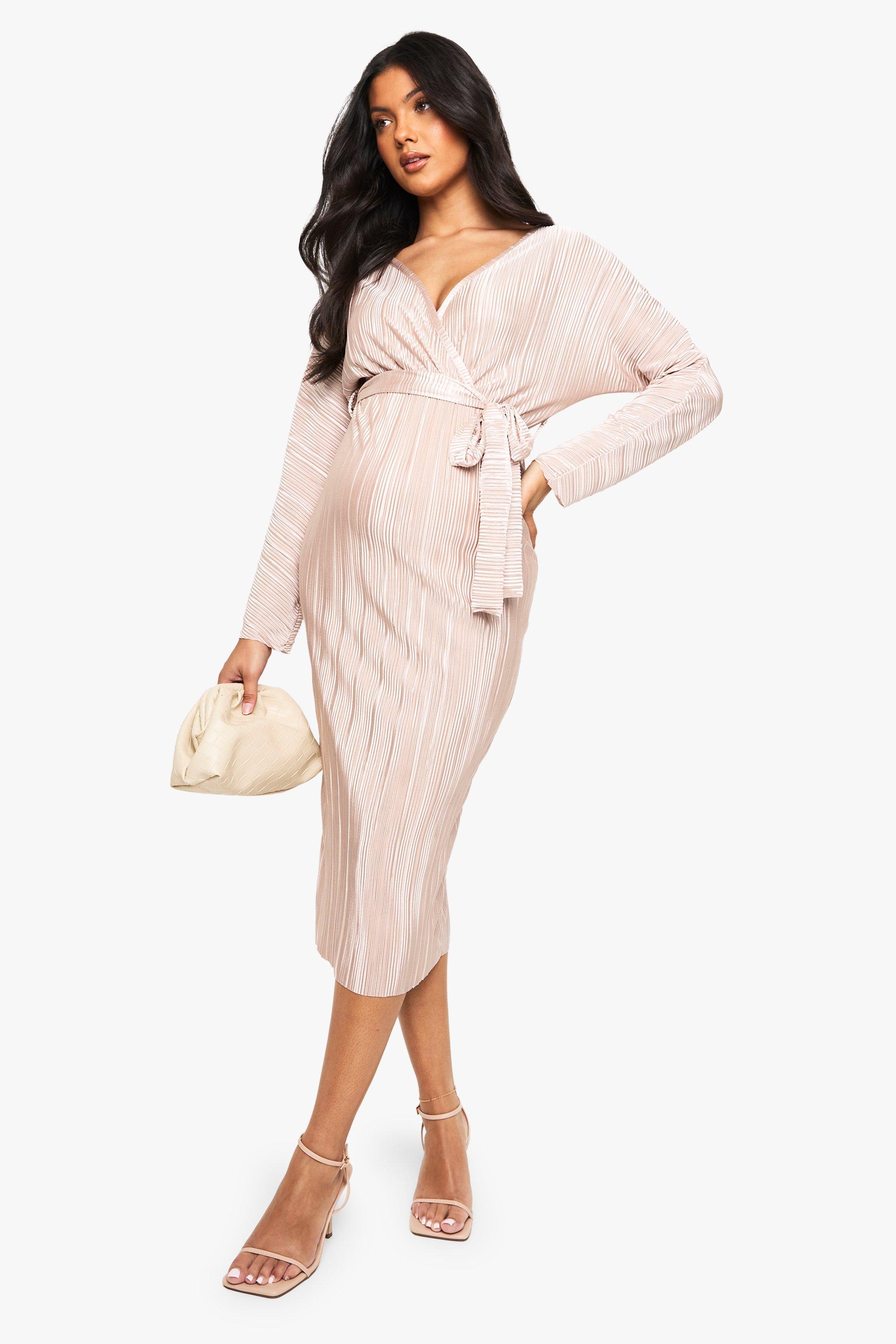 Boohoo Zwangerschap Plisse Midi Jurk Met Ceintuur, Champagne