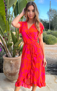 Jurkjes Midi Jurk Flower Jenny Fuchsia Orange