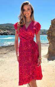 Jurkjes Midi Jurk Print Jenny Fuchsia Koraal