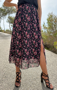 Jurkjes Bloemen Split Midi Rok Myra Zwart
