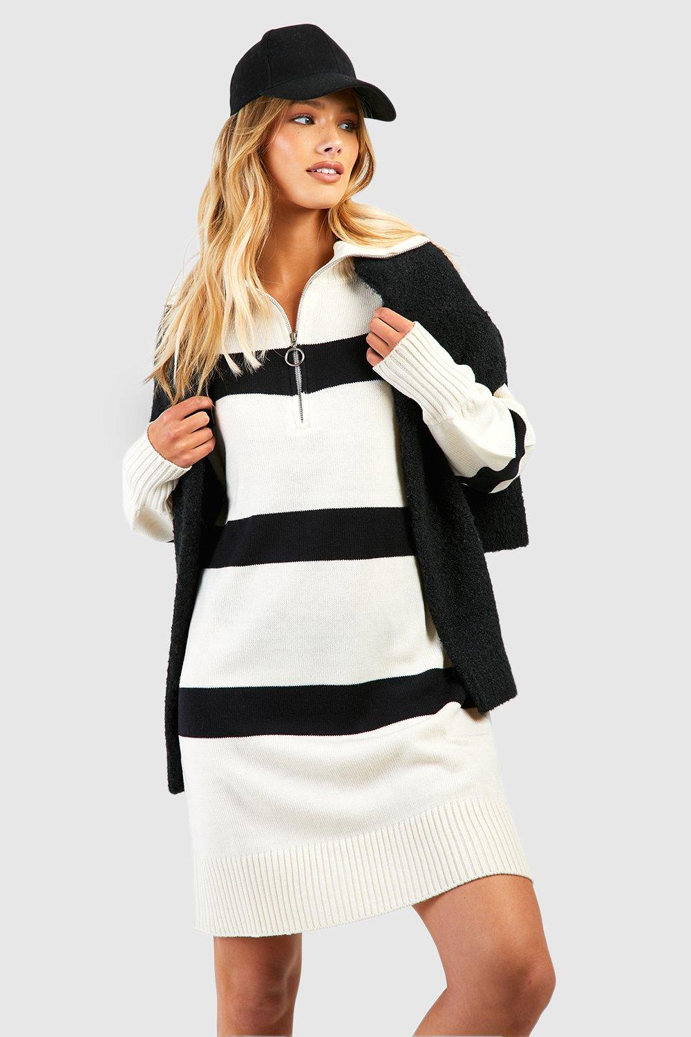 Boohoo Gestreepte Trui Jurk Met Korte Rits, Ivory