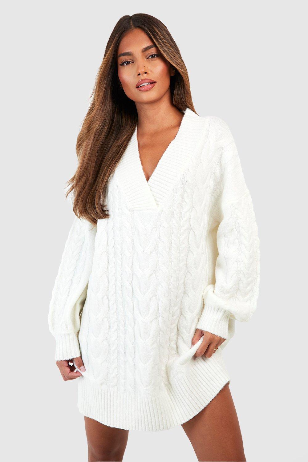 Boohoo Grof Gebreide Jurk Met V-Hals, Cream