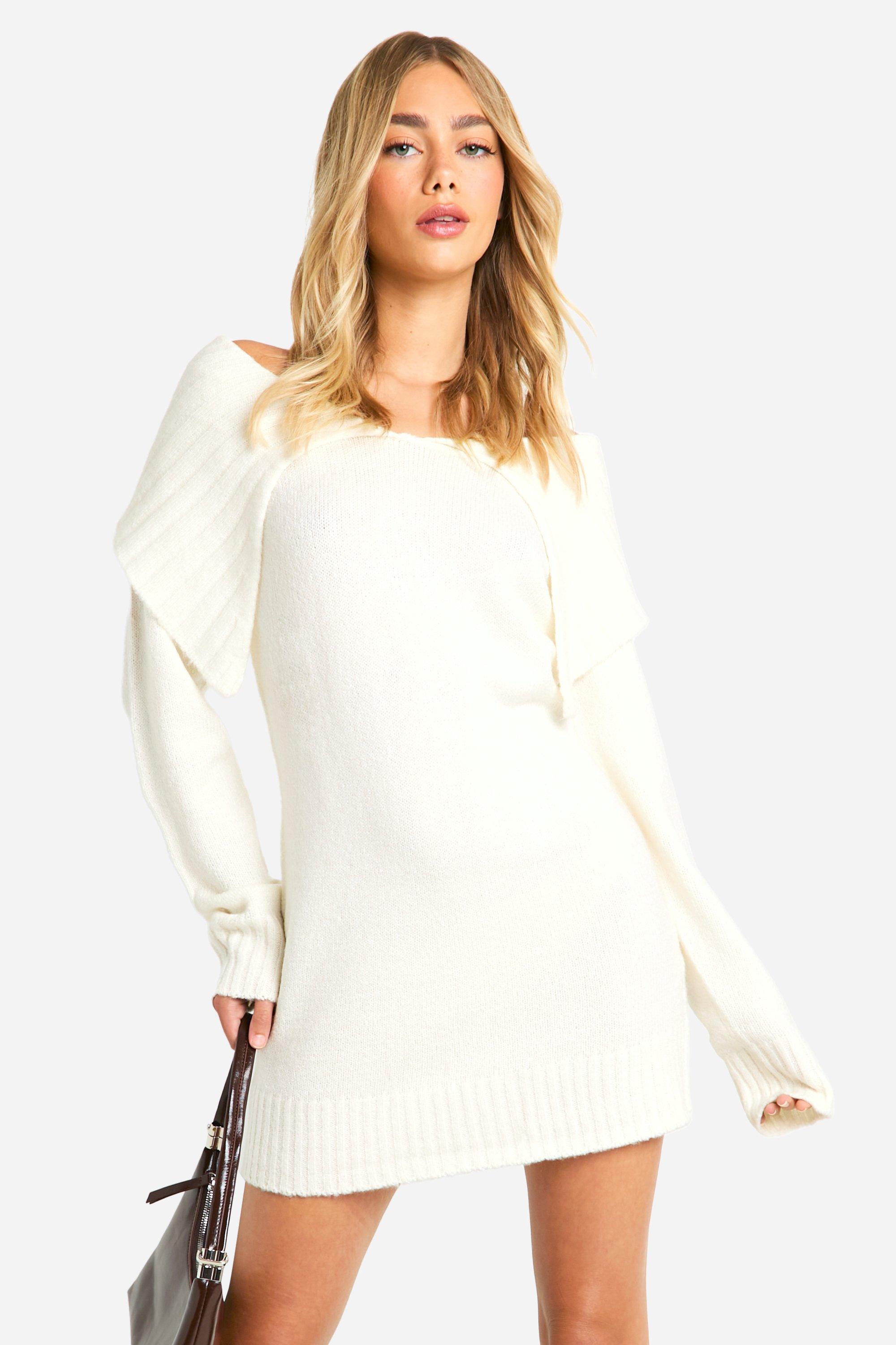 Boohoo Zachte Gebreide Off Shoulder Trui Jurk Met Grote Kraag, Ecru
