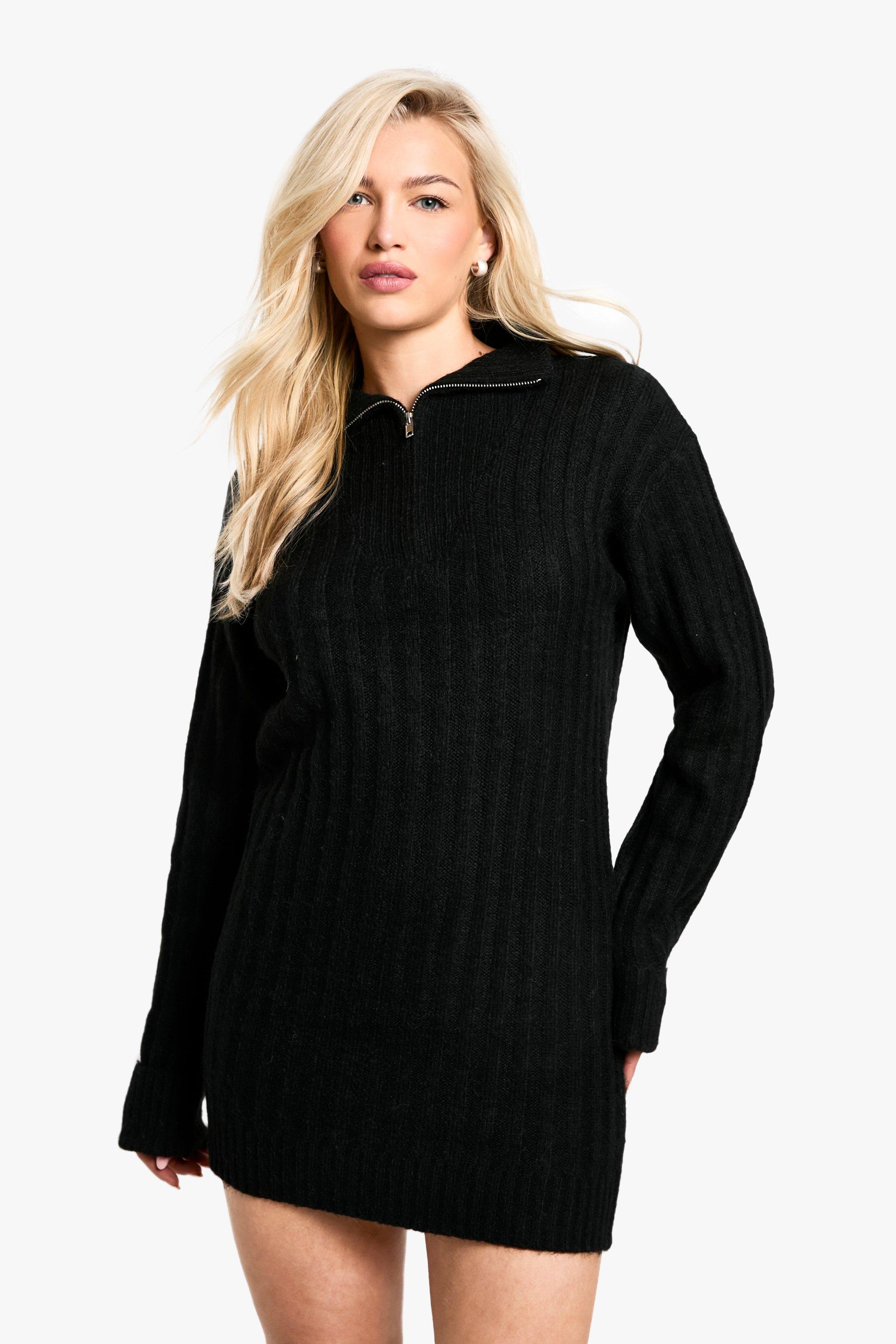 Boohoo Zachte Gebreide Dik Geribbelde Oversized Mini Jurk Met Hals Rits, Black