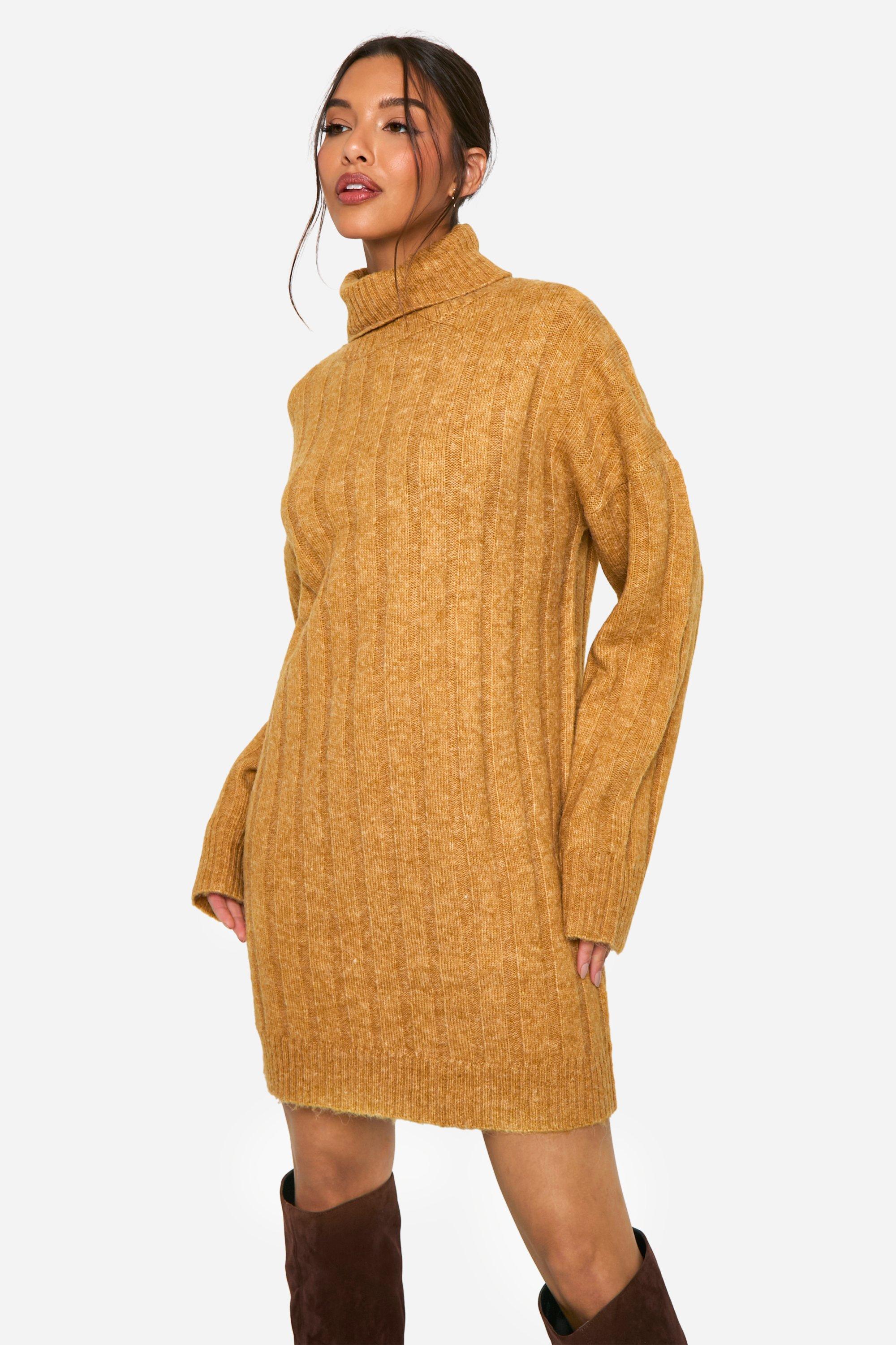 Boohoo Wijde Zachte Geribbelde Trui Jurk Met Col, Mustard