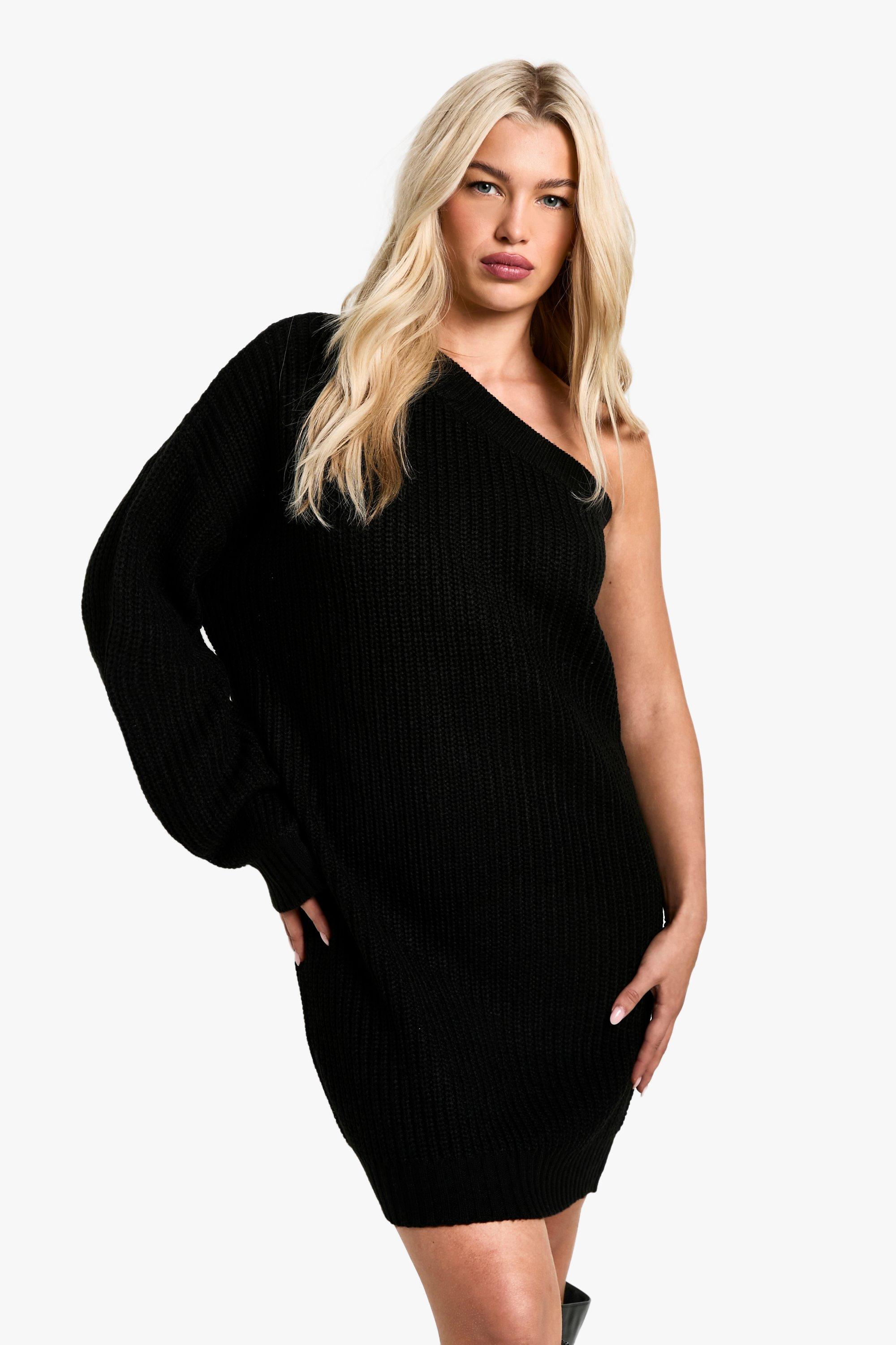Boohoo Gebreide Mini Jurk Met Eén Blote Schouder, Black
