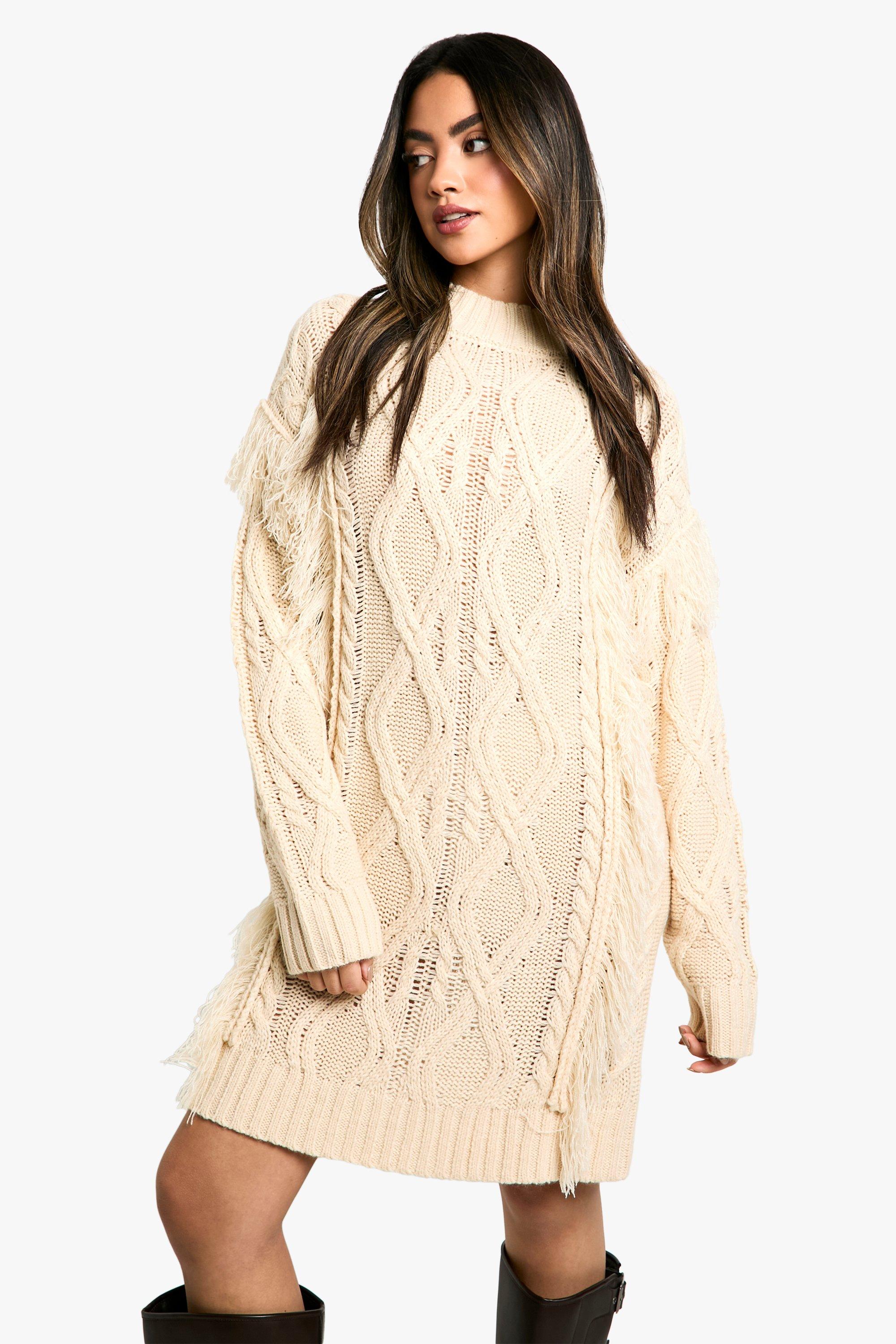Boohoo Grof Gebreide Mini Jurk Met Kwastjes, Stone
