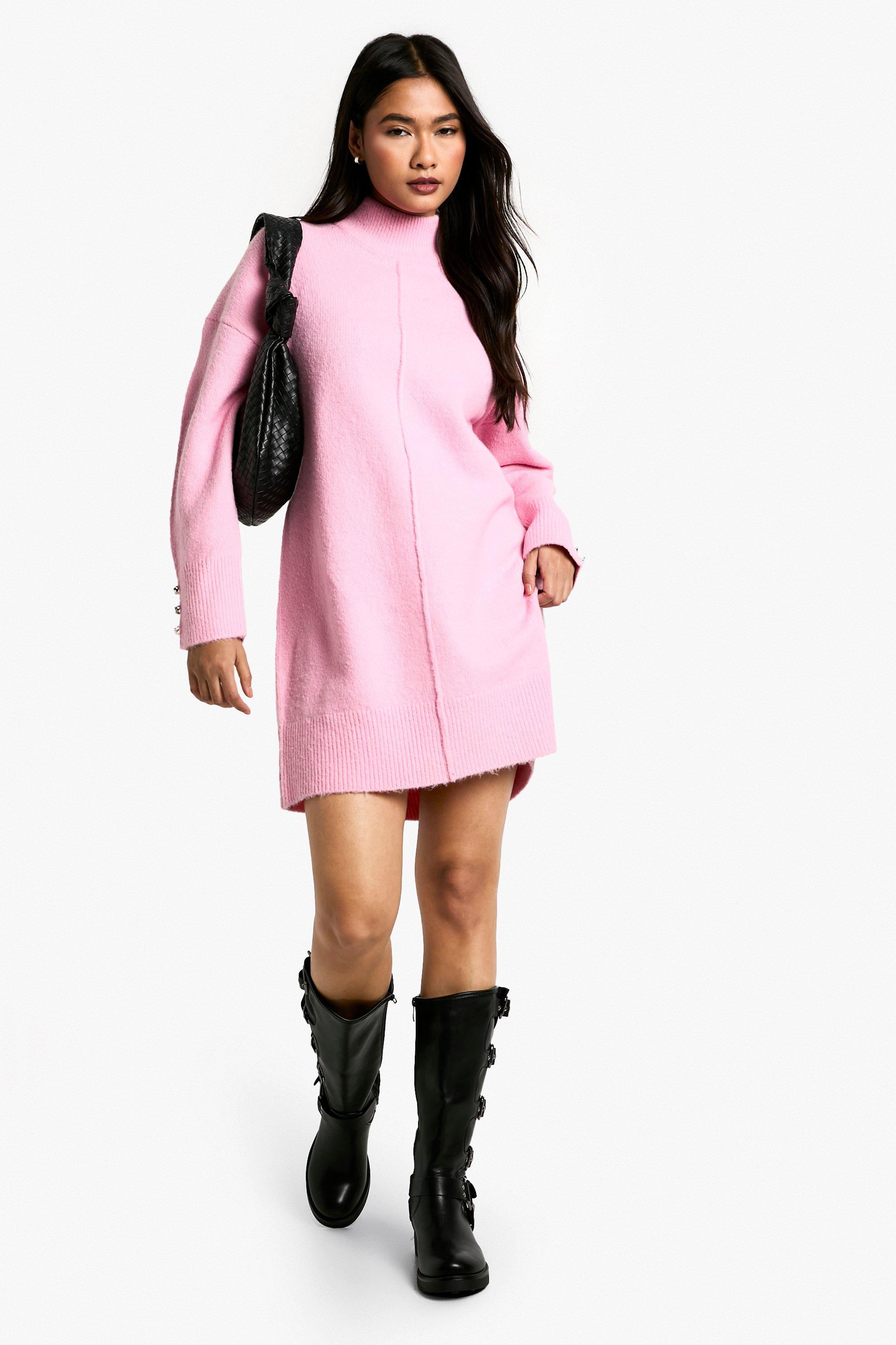 Boohoo Oversized Gebreide Mini Jurk Met Naaddetail, Pink