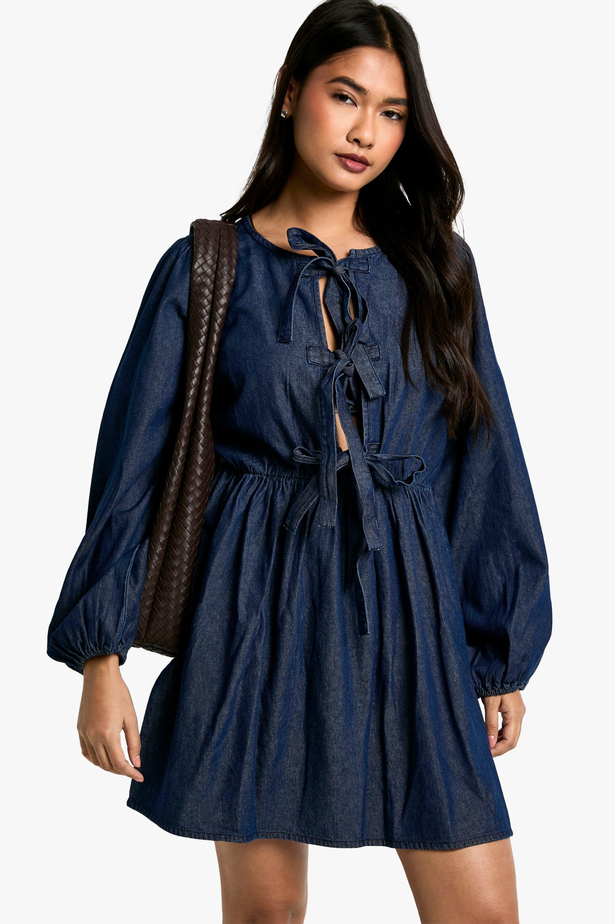 Boohoo Spijkerjurk Met Strik, Indigo