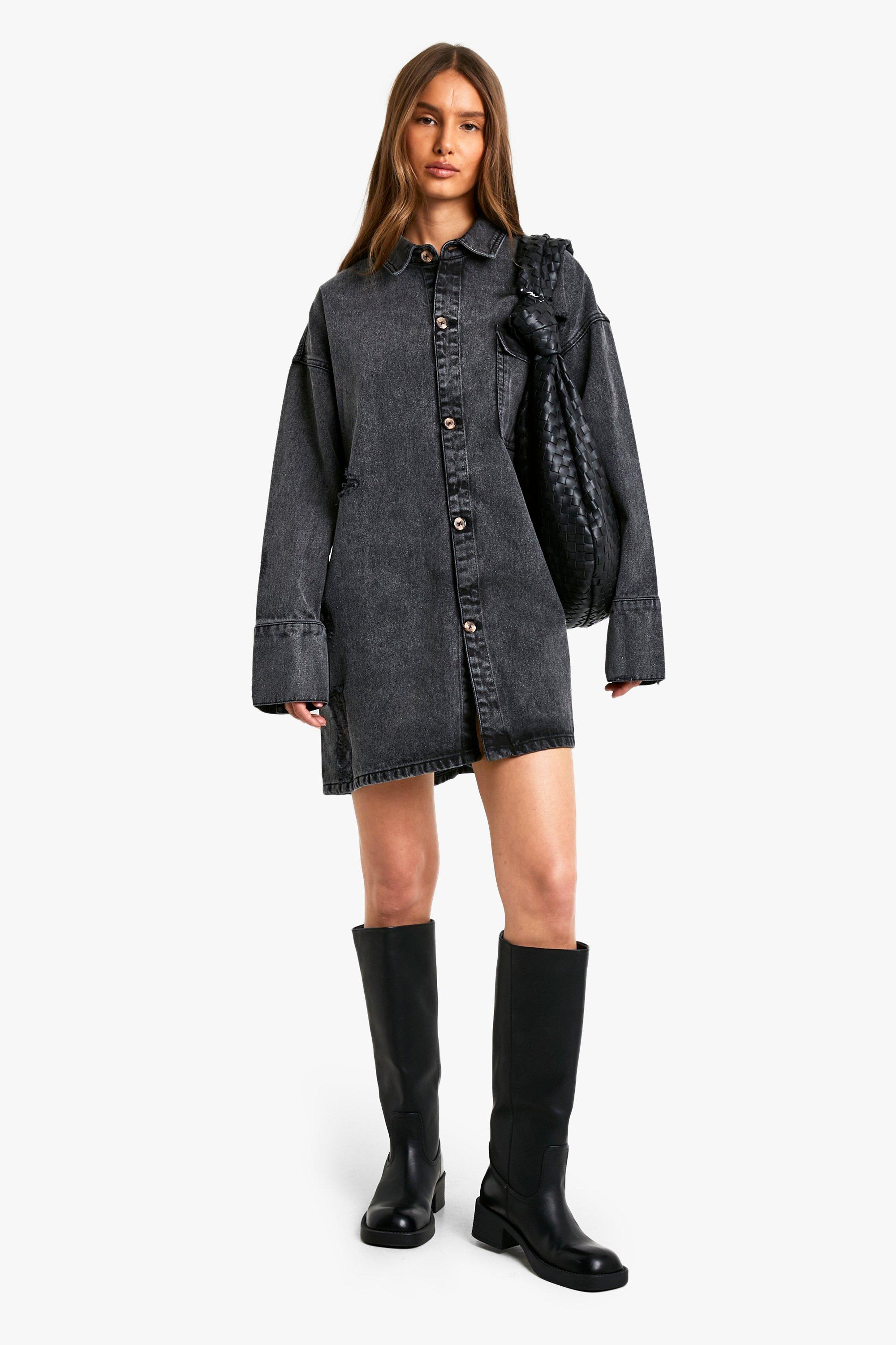 Boohoo Gebleekte Zwarte Oversized Denim Blouse Jurk, Washed Black