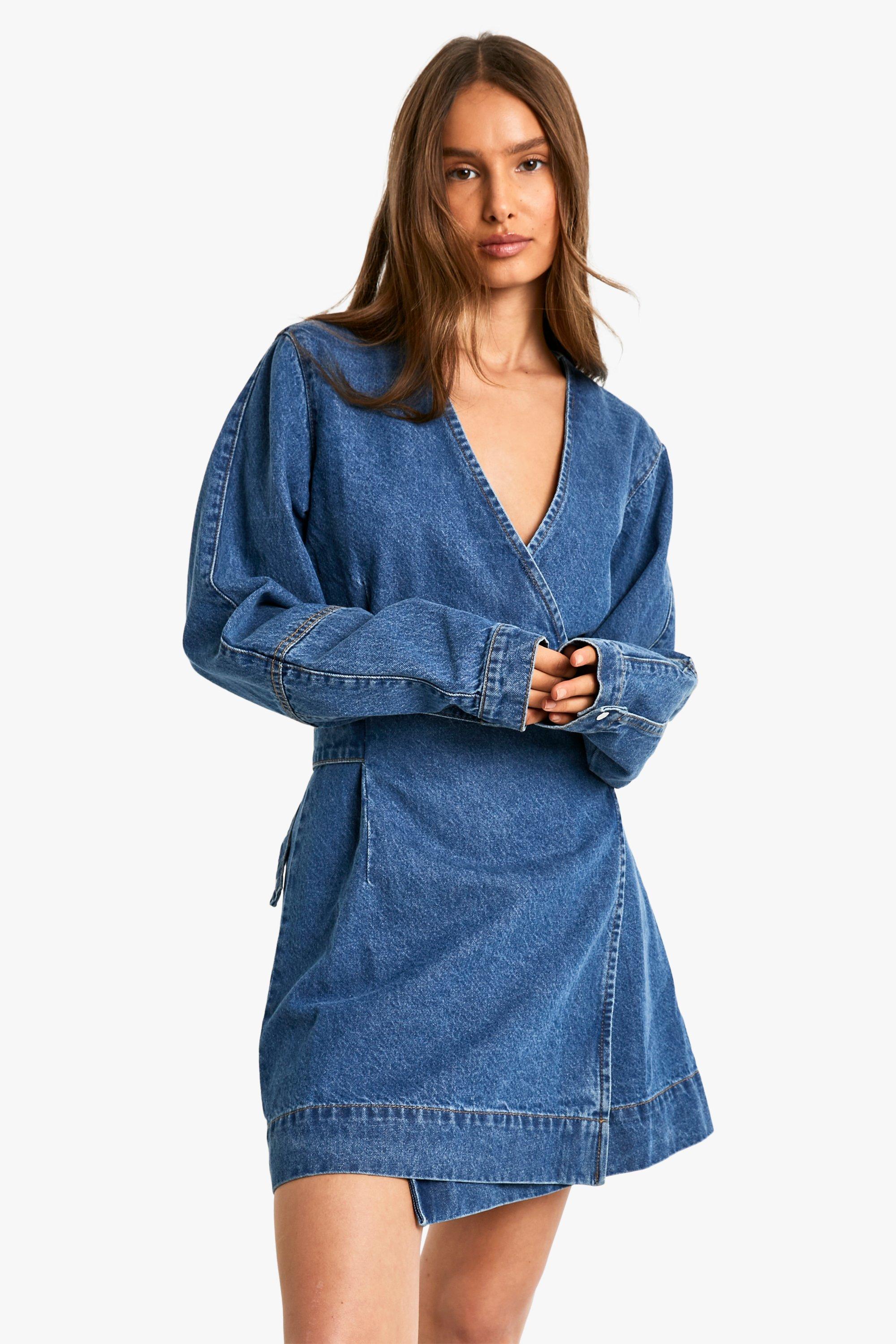 Boohoo Wikkel Spijkerjurk Met Ceintuur, Mid Wash
