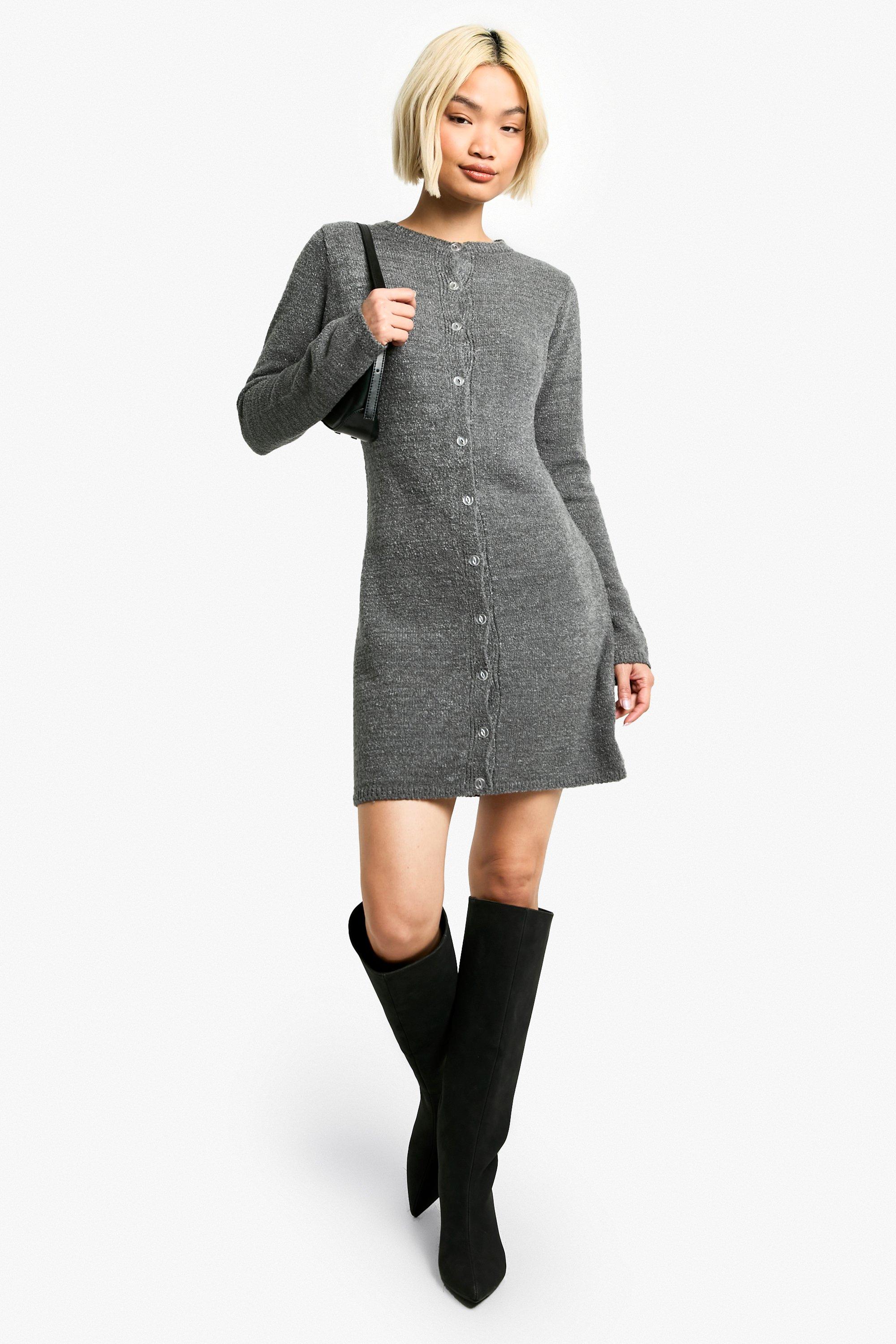 Boohoo Gebreide Bouclé Mini Jurk Met Knopen, Light Grey