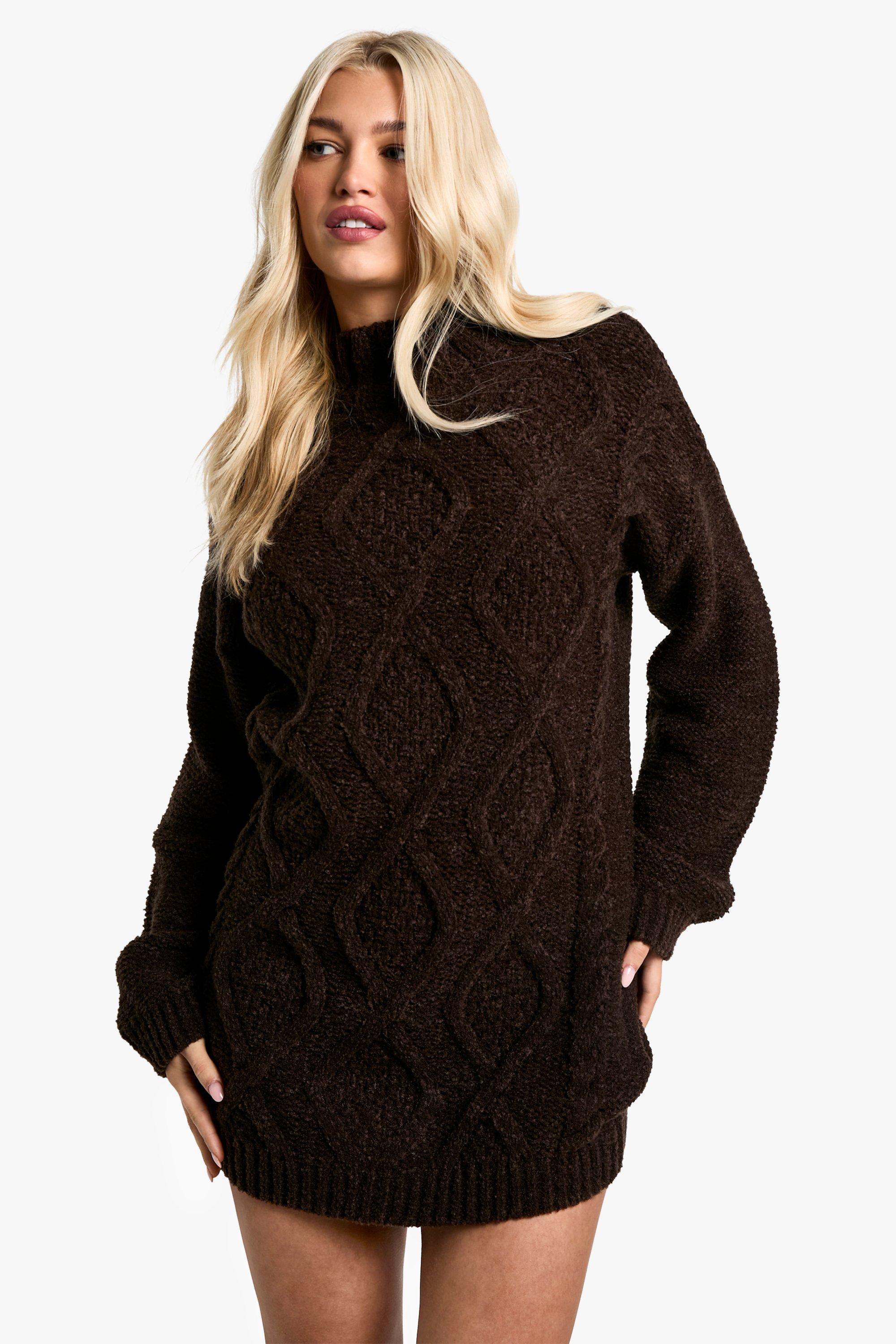 Boohoo Grof Gebreide Trui Jurk Met Crewneck, Mink