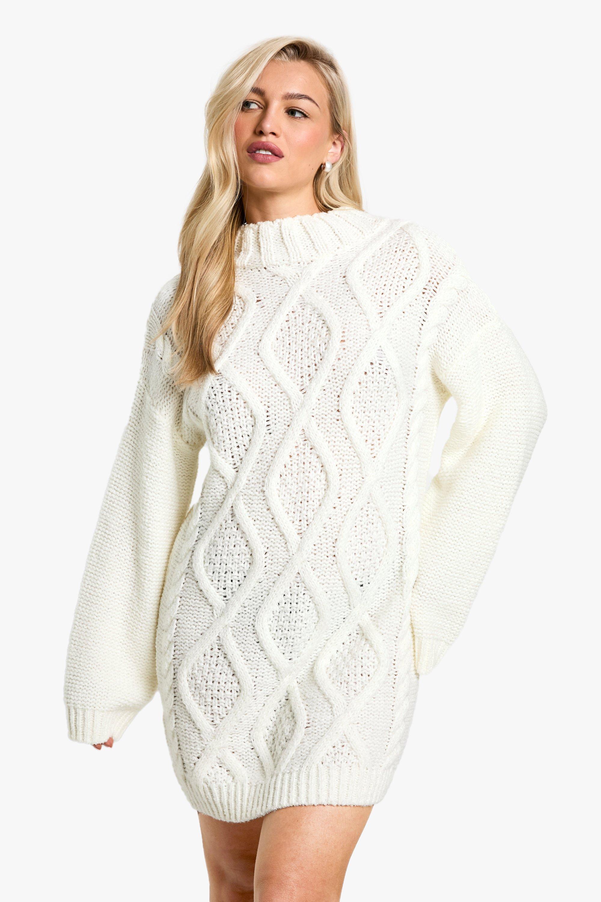 Boohoo Grof Gebreide Trui Jurk Met Crewneck, Cream