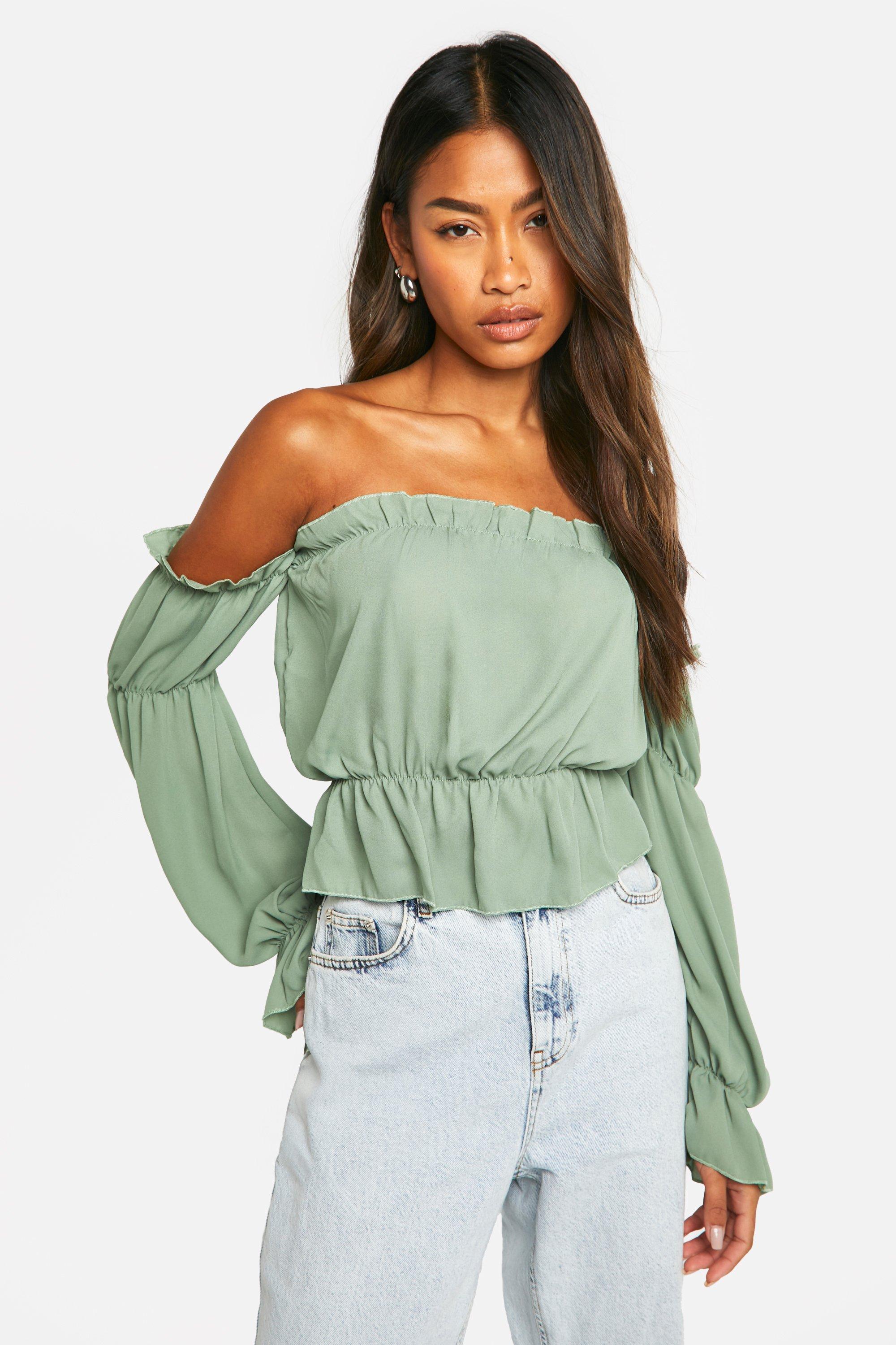 Boohoo Geweven Top Met Boothals, Ruches En Grote Mouwen, Olive