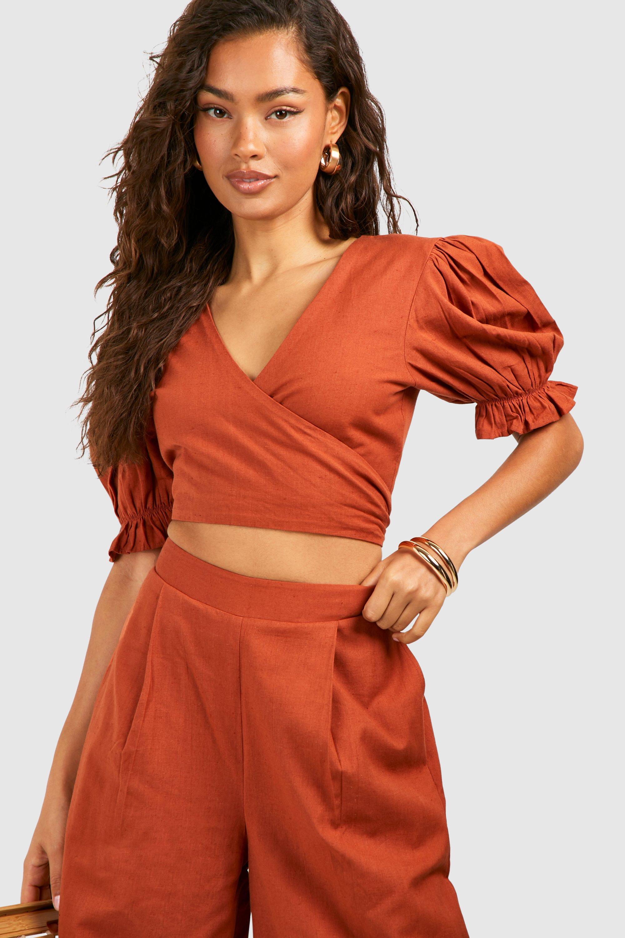 Boohoo Linnen Wikkel Crop Top, Terracotta
