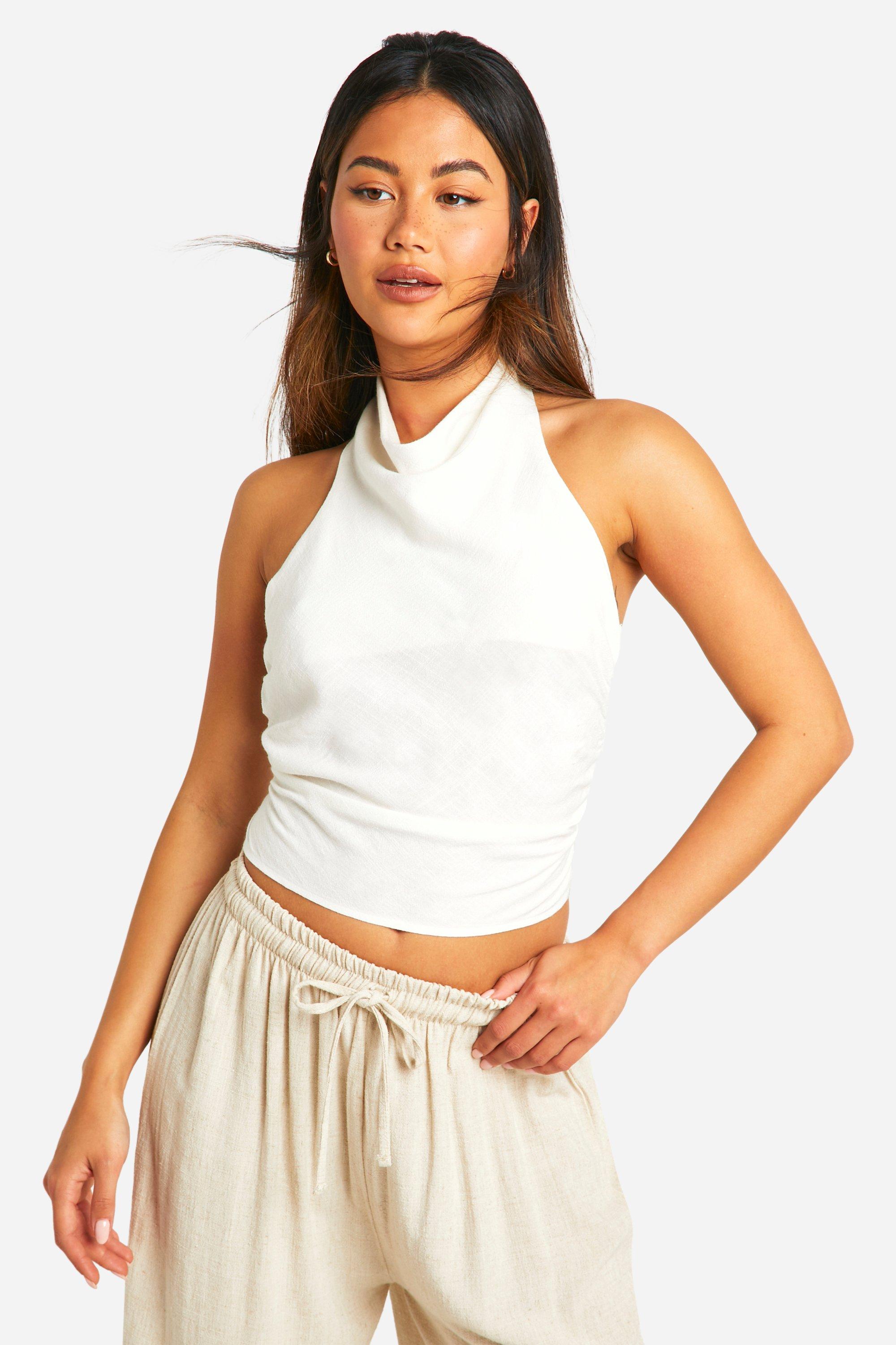 Boohoo Linnen Top Met Open Rug En Halter Neck, White