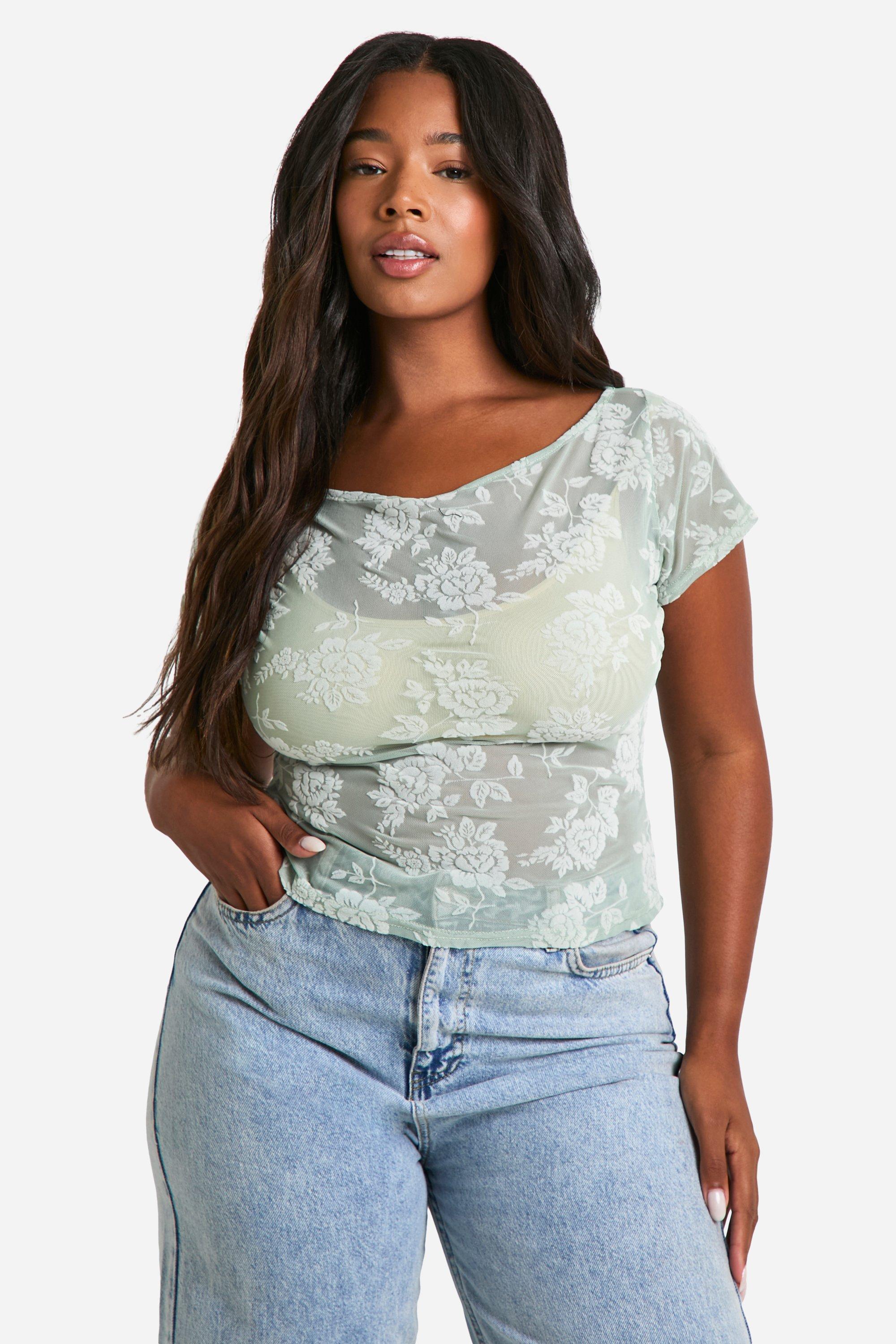 Boohoo Plus Bloemenprint Top Met Boothals, Sage