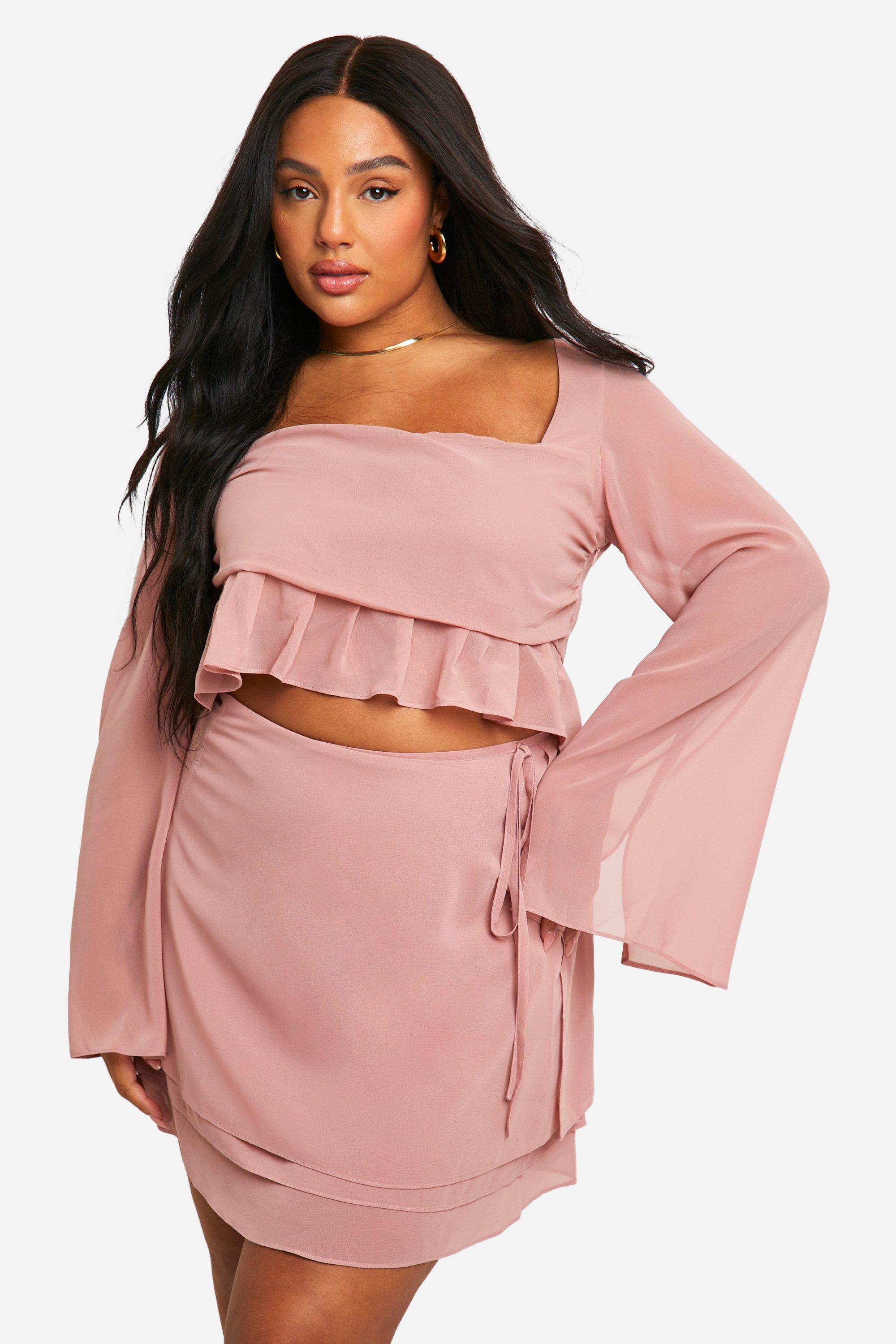 Boohoo Plus Chiffon Top Met Geplooide Zoom En Lange Mouwen, Dusty Pink