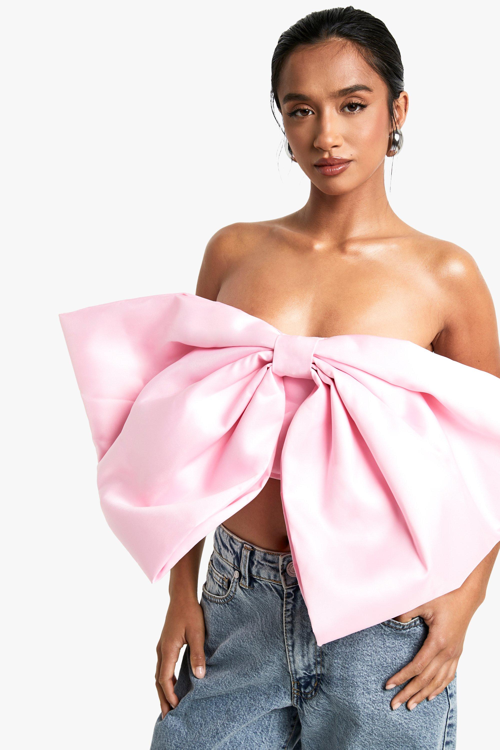 Boohoo Petite Satijnen Crop Top Met Strik, Baby Pink