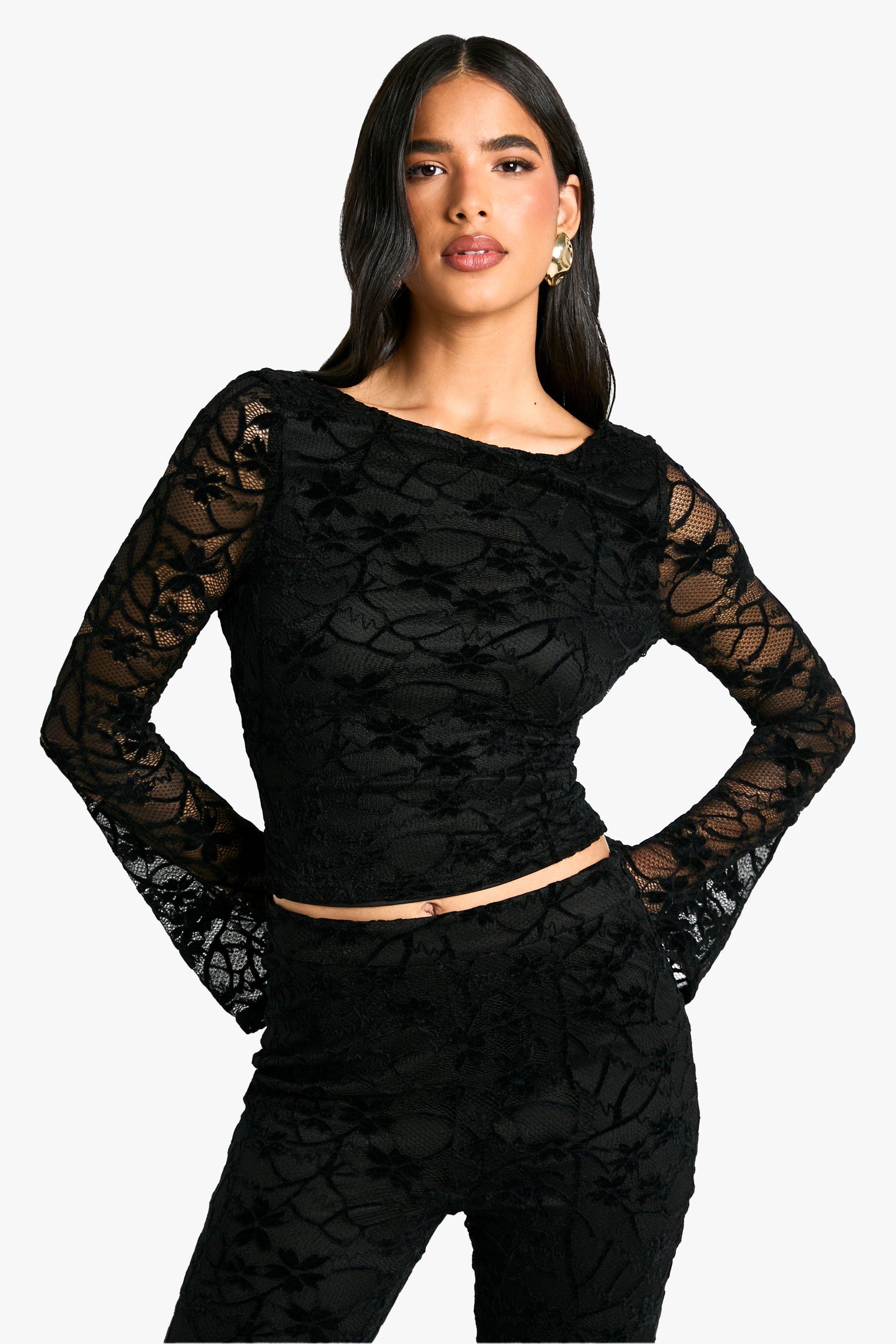Boohoo Fluwelen Kanten Top Met Lage Ronde Hals, Rug En Lange Mouwen, Black