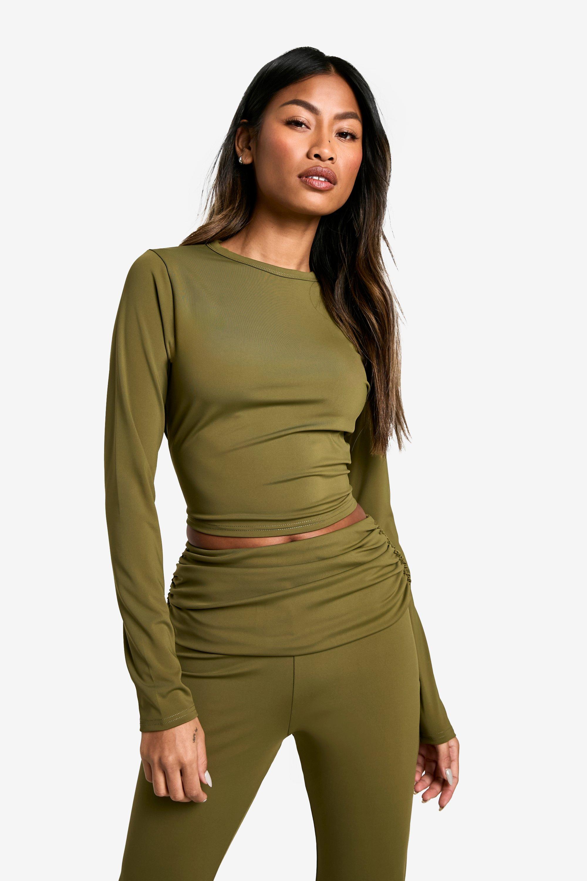 Boohoo Strakke Vormende Top Met Crewneck En Lange Mouwen, Khaki