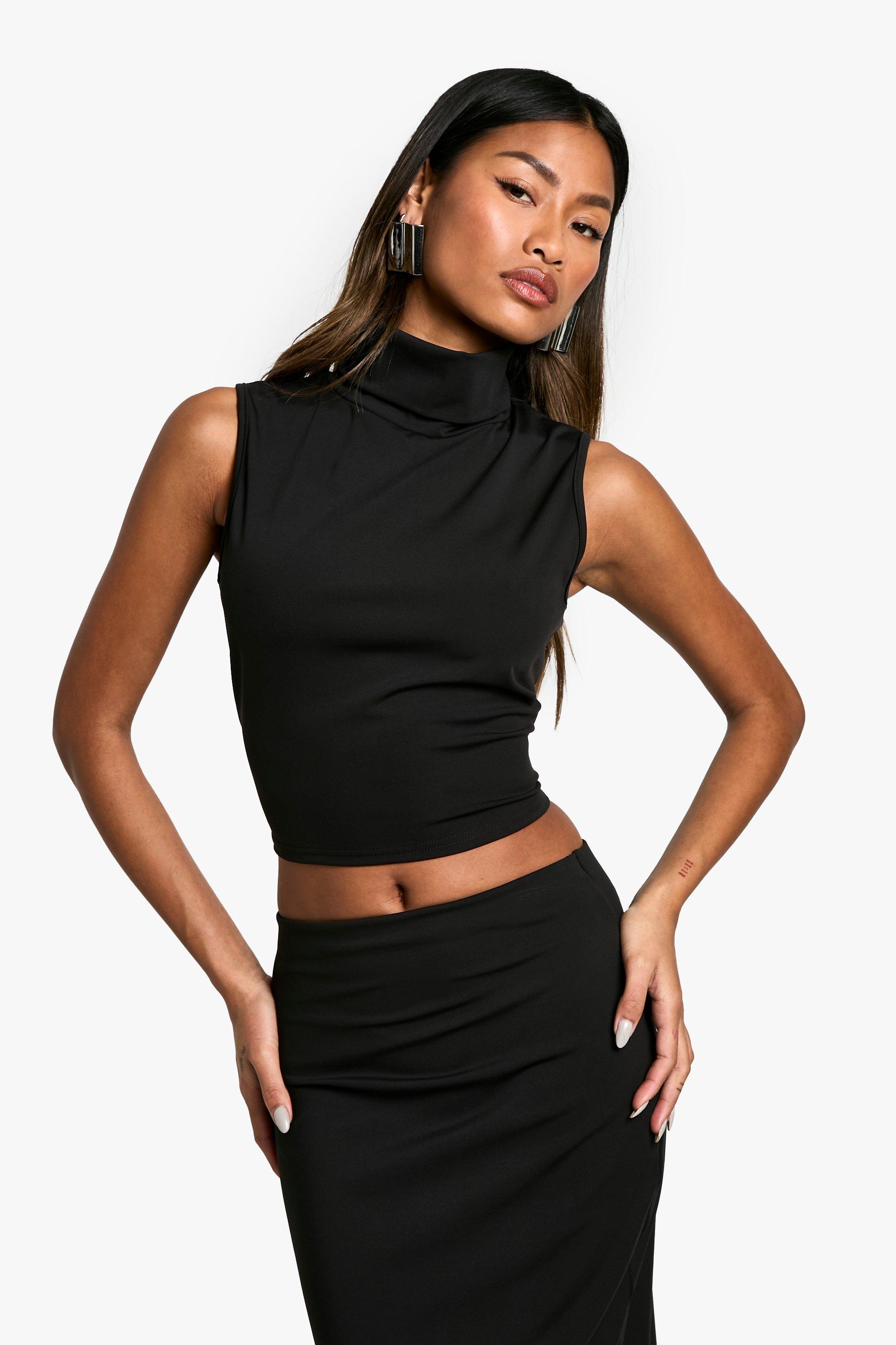 Boohoo Matte Strakke Mouwloze Top Met Hoge Hals, Black