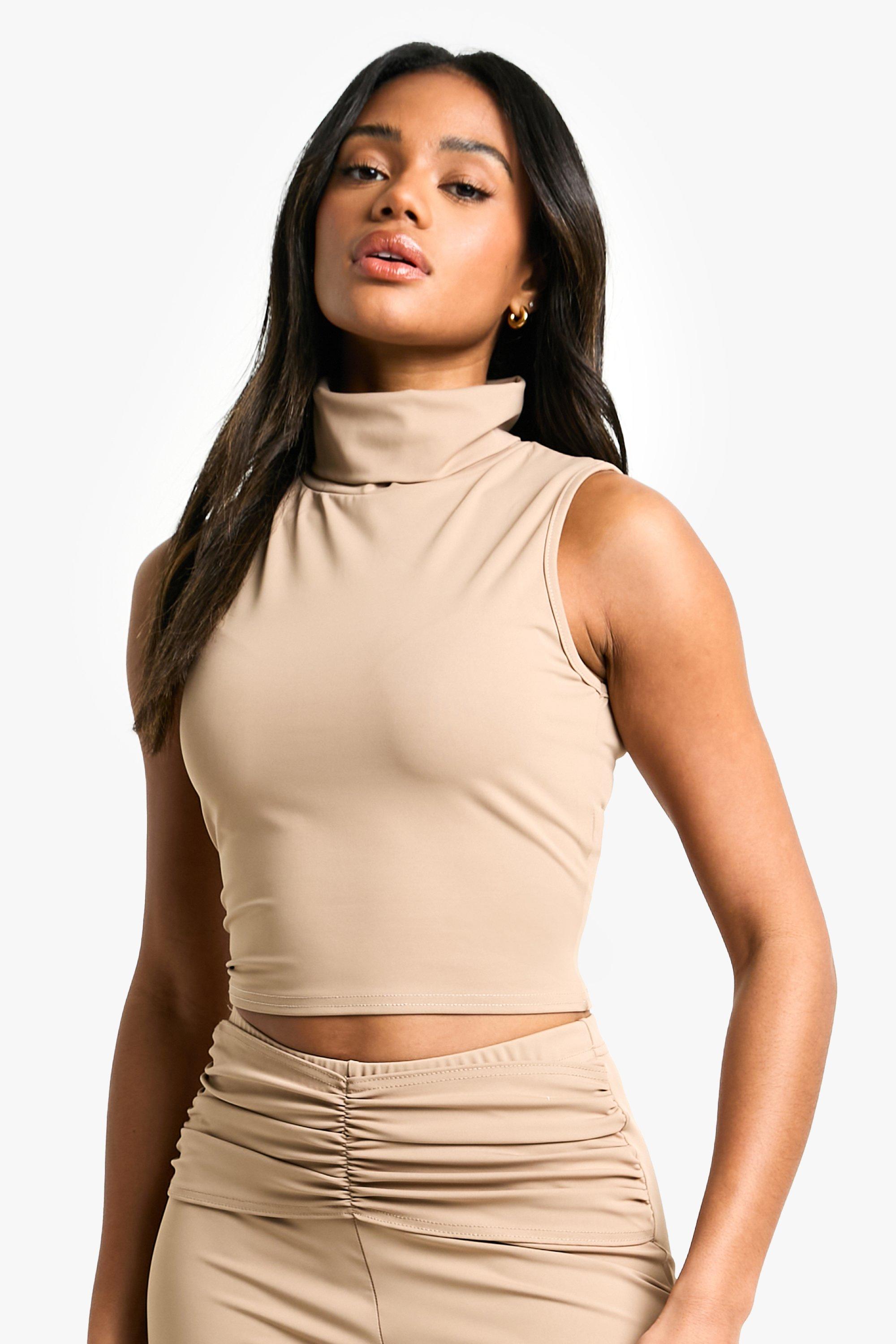Boohoo Matte Strakke Mouwloze Top Met Hoge Hals, Camel