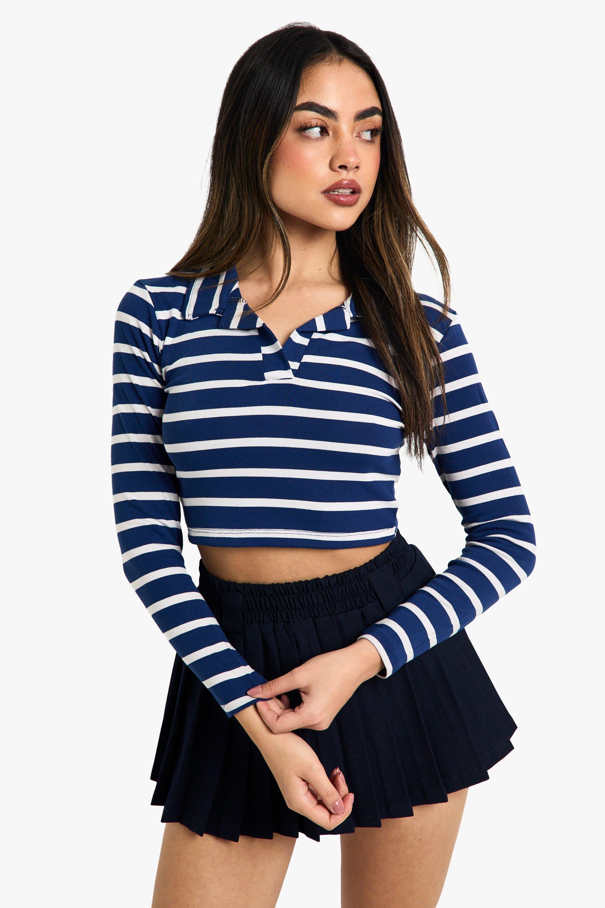 Boohoo Crop Top Met Lange Mouwen En Gestreepte Kraag, Navy